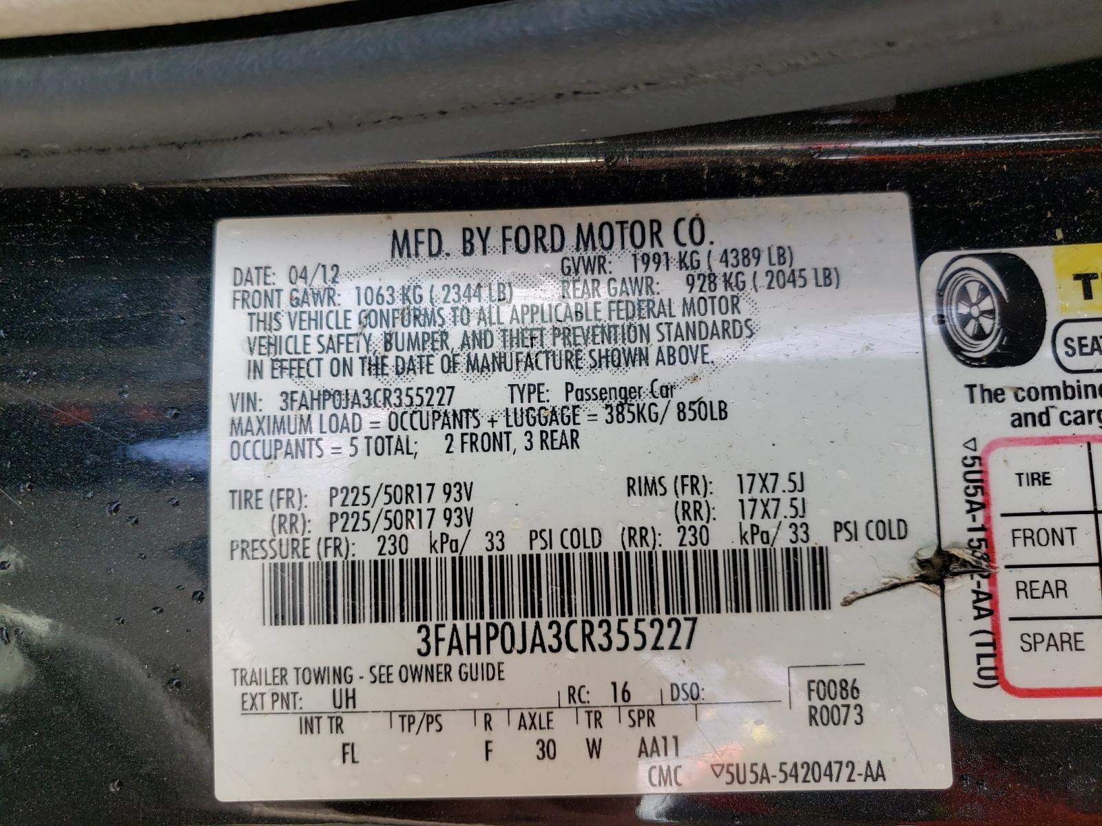 Photo 10 from auction – 2012 FORD FUSION SEL with VIN 3FAHP0JA3CR355227