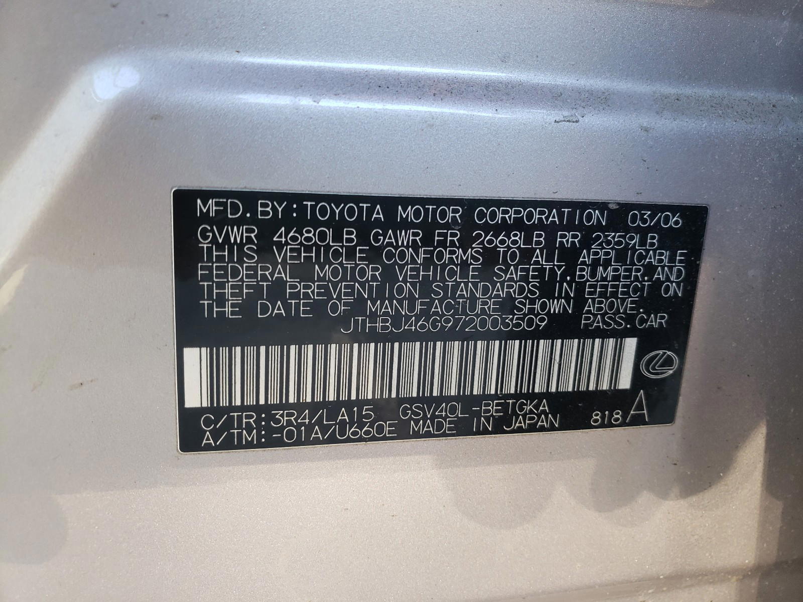 Photo 10 from auction – 2007 LEXUS ES 350 with VIN JTHBJ46G972003509