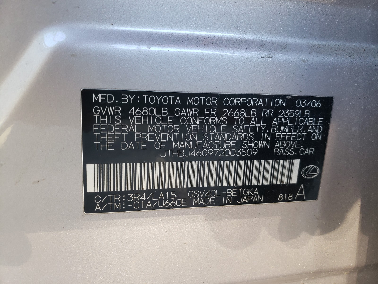 صورة رقم 10 من المزاد - 2007 LEXUS ES 350 مع VIN JTHBJ46G972003509