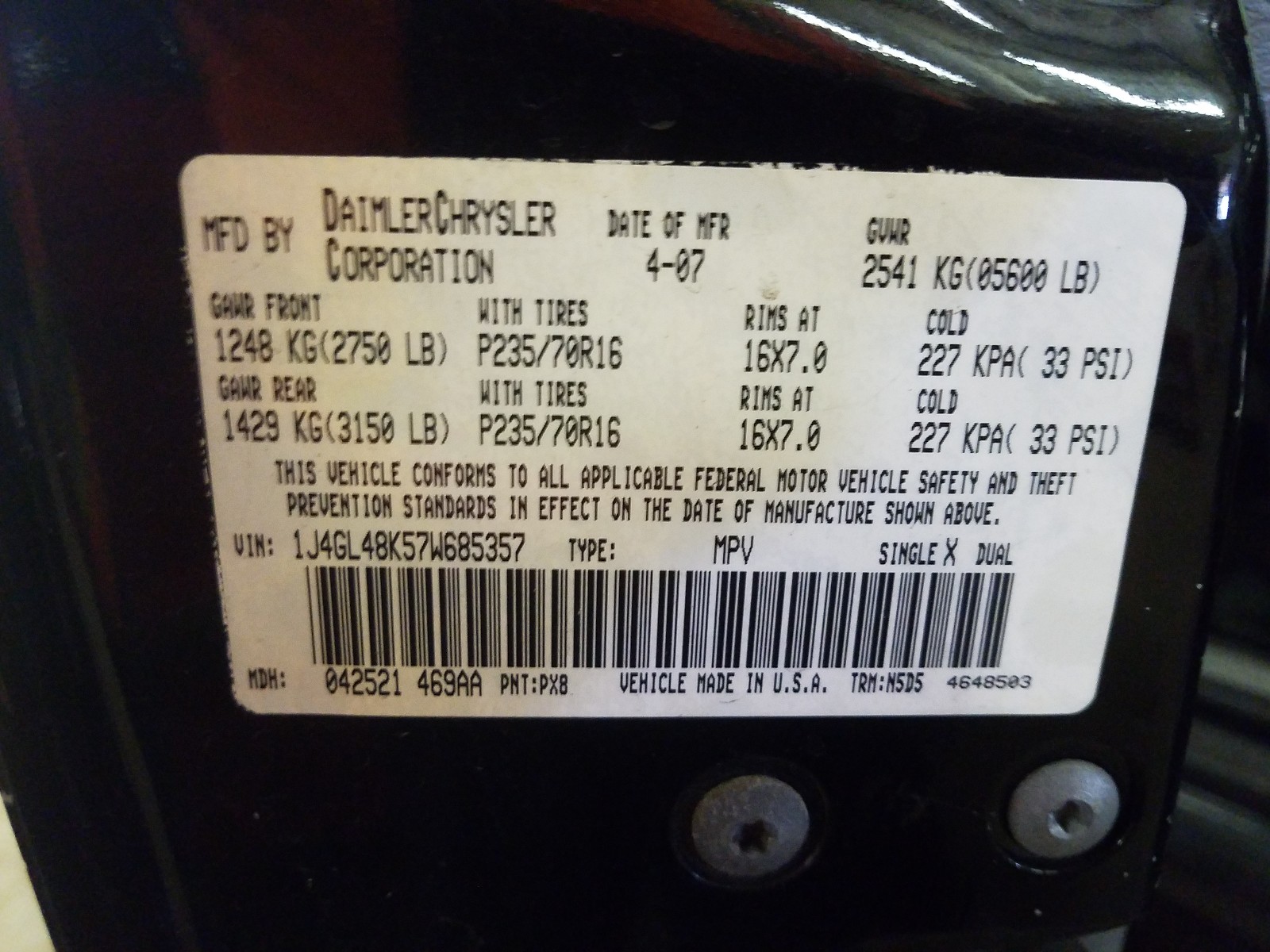 Photo 10 from auction – 2007 JEEP LIBERTY SP with VIN 1J4GL48K57W685357