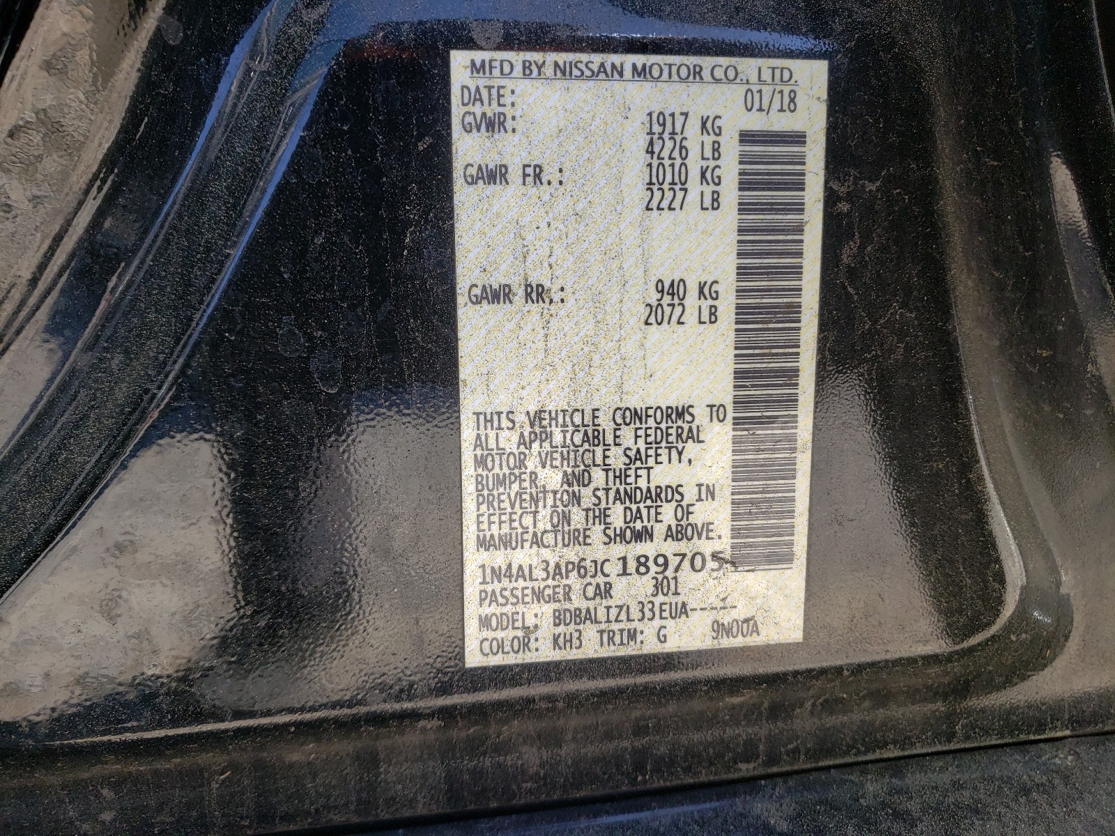 Photo 10 from auction – 2018 NISSAN ALTIMA with VIN 1N4AL3AP6JC189705