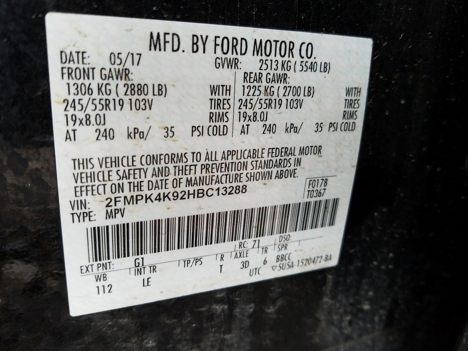 Photo 10 from auction – 2017 FORD EDGE TITAN with VIN 2FMPK4K92HBC13288