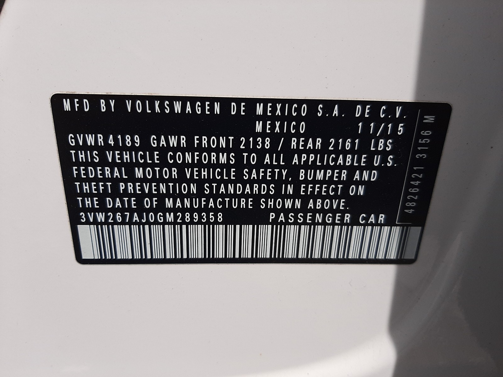 Photo 10 from auction – 2016 VOLKSWAGEN JETTA S with VIN 3VW267AJ0GM289358
