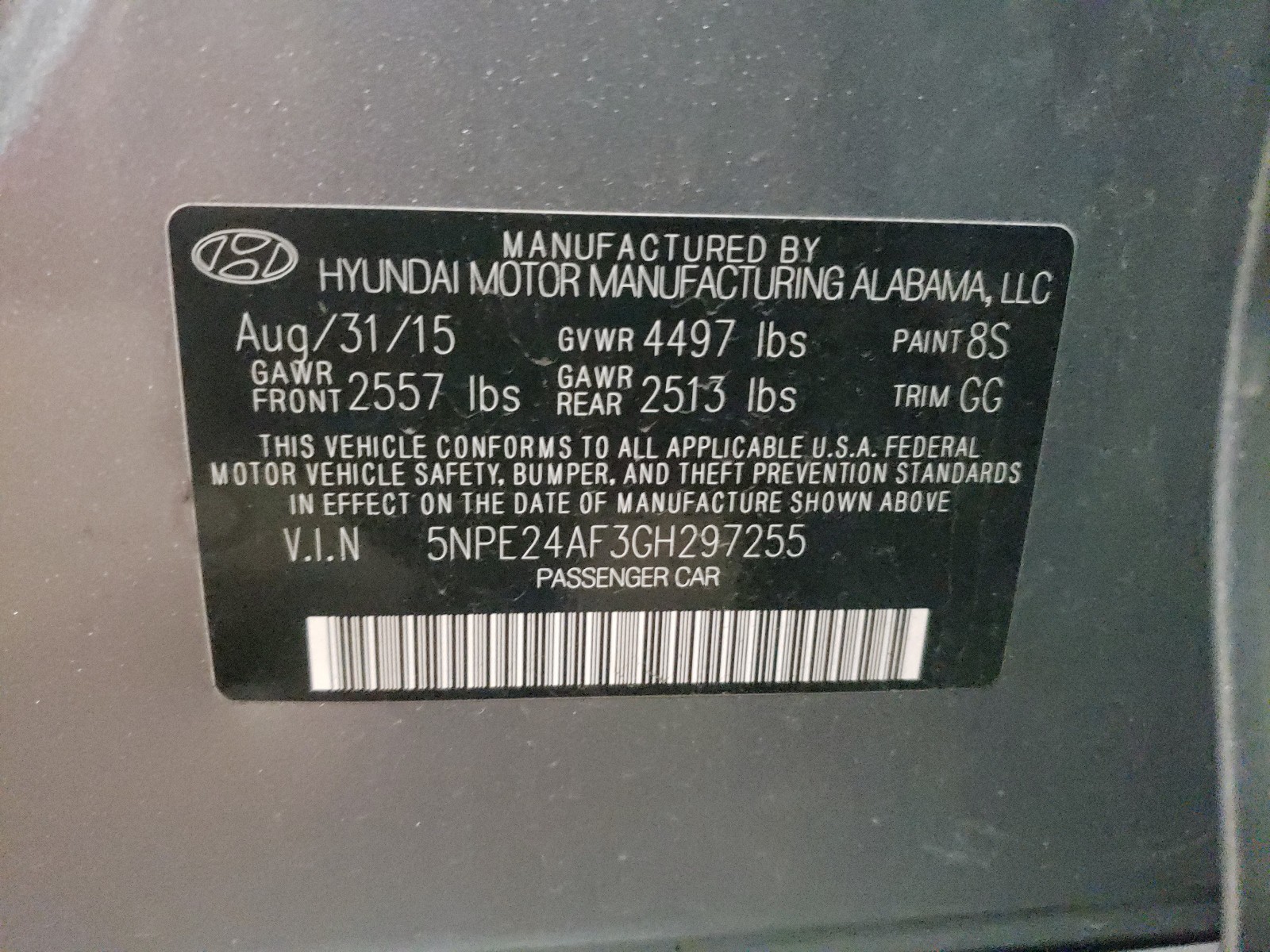 Photo 10 from auction – 2016 HYUNDAI SONATA SE with VIN 5NPE24AF3GH297255
