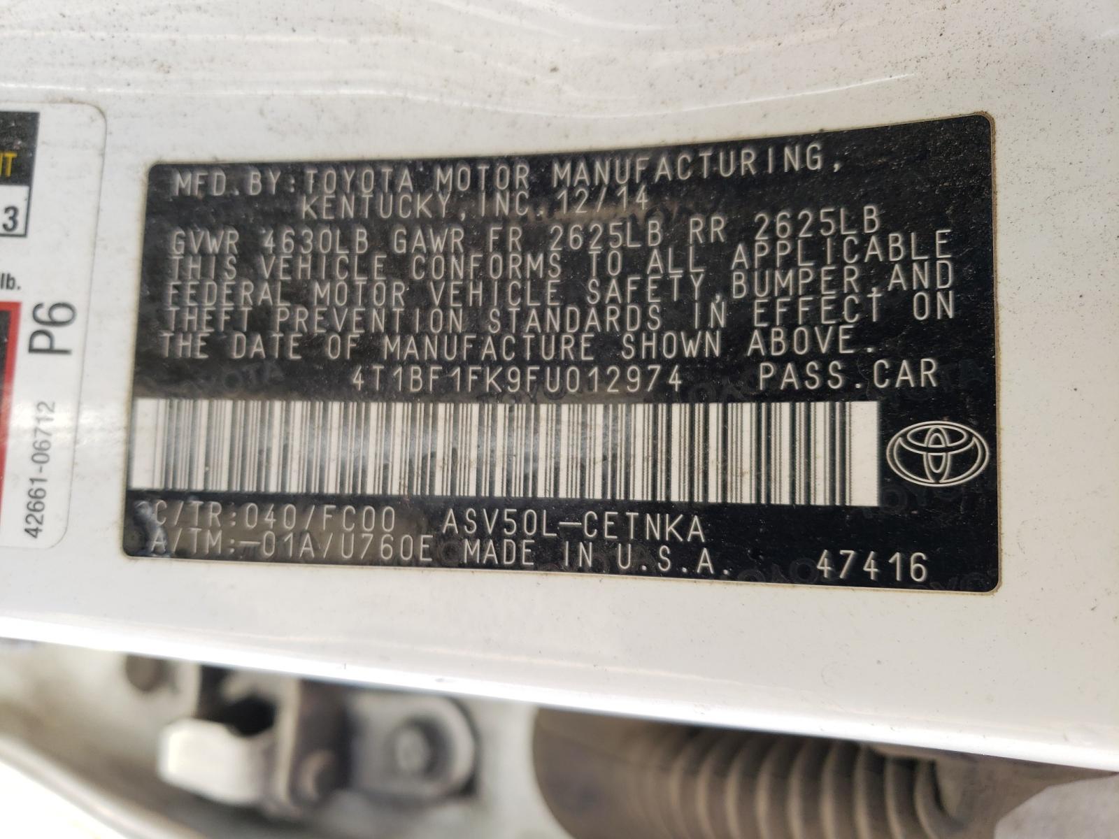 Photo 10 from auction – 2015 TOYOTA CAMRY LE with VIN 4T1BF1FK9FU012974