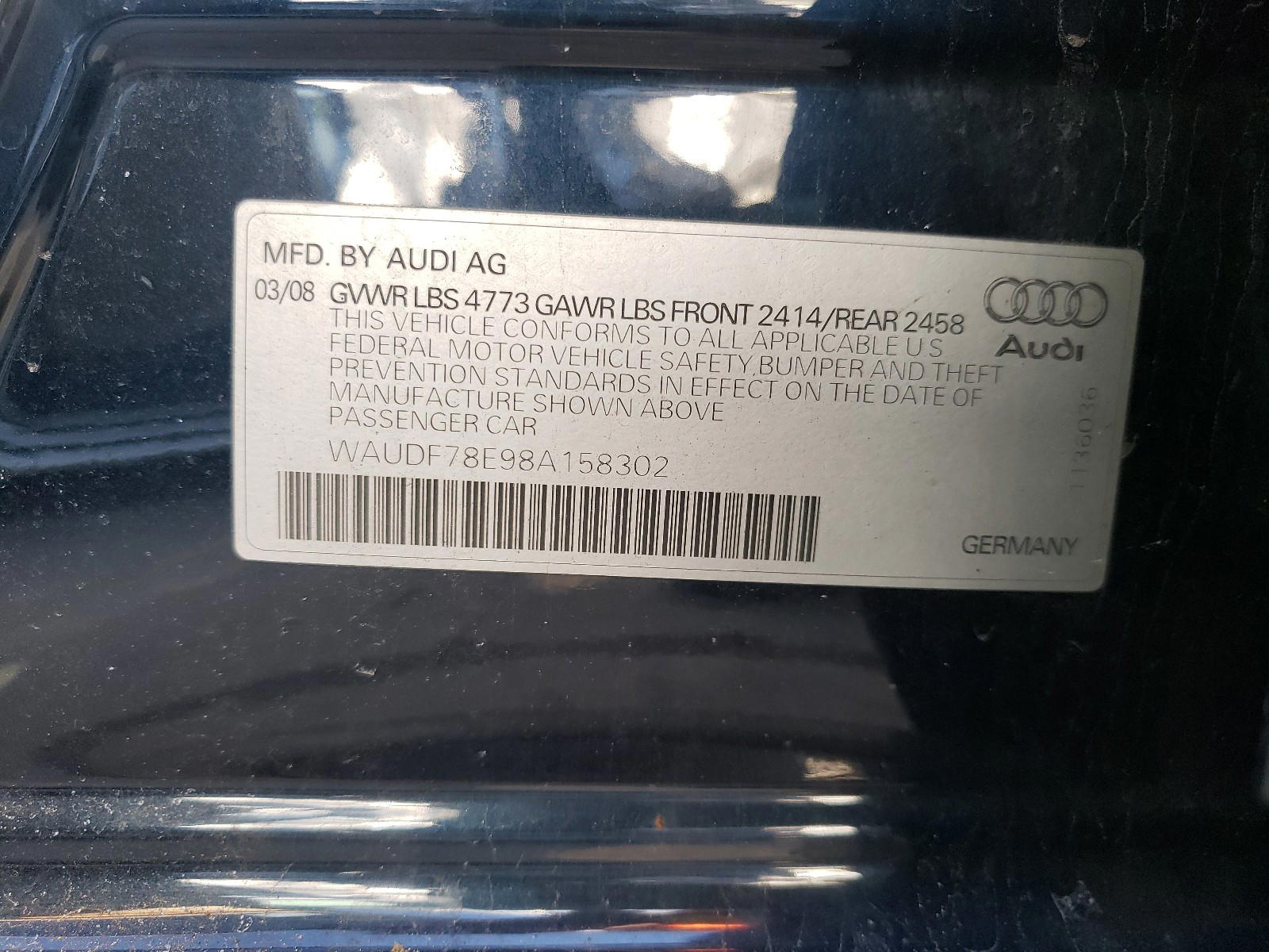Photo 10 from auction – 2008 AUDI A4 2.0T QU with VIN WAUDF78E98A158302