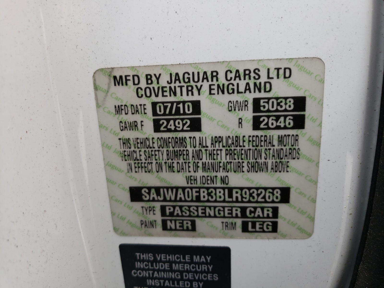 Photo 10 from auction – 2011 JAGUAR XF with VIN SAJWA0FB3BLR93268