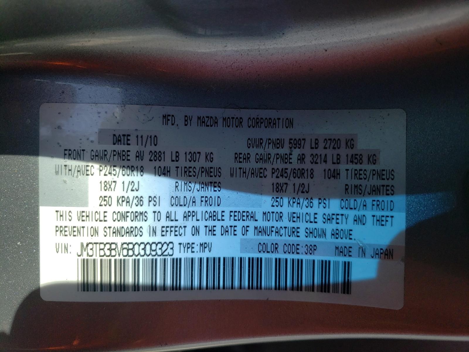 Photo 10 from auction – 2011 MAZDA CX-9 with VIN JM3TB3BV6B0309323