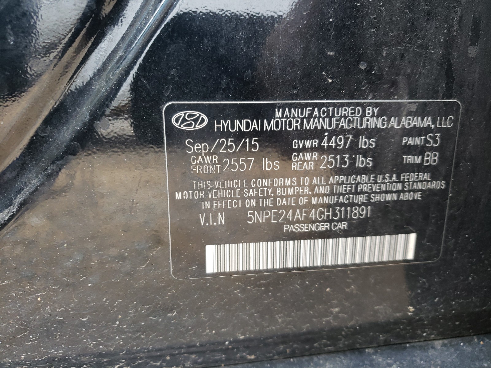 Photo 10 from auction – 2016 HYUNDAI SONATA SE with VIN 5NPE24AF4GH311891