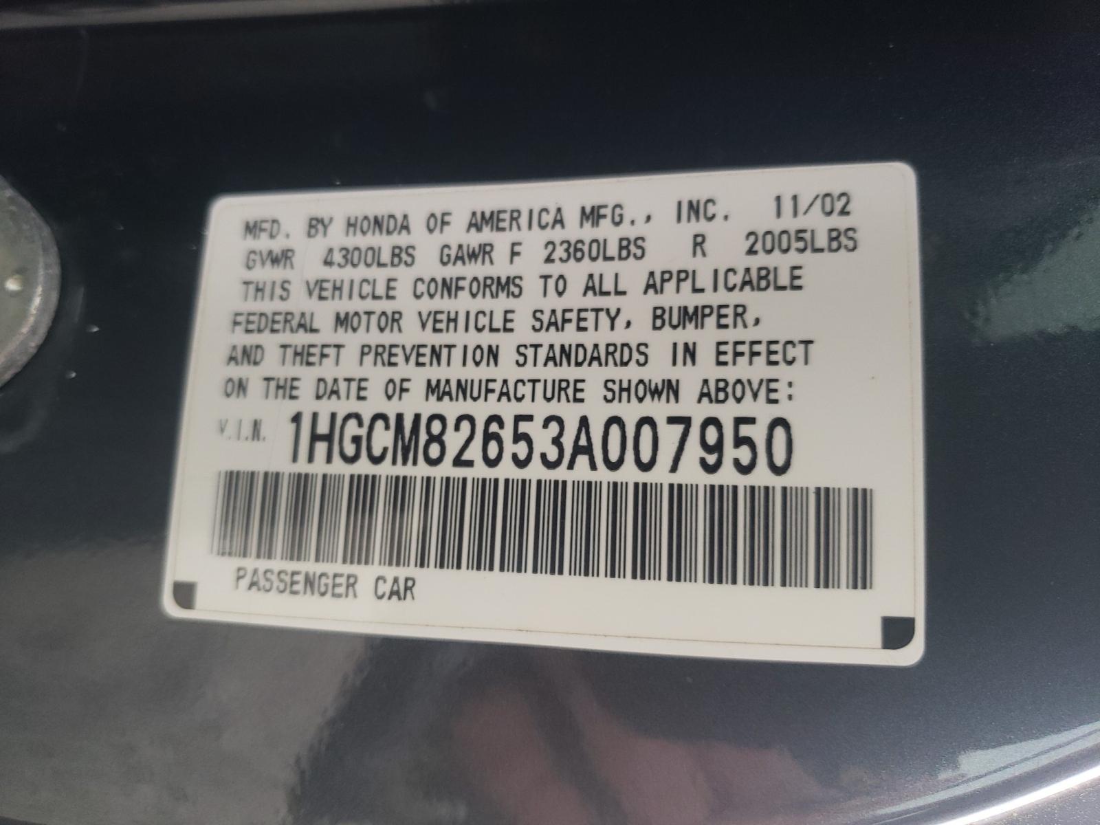 Photo 10 from auction – 2003 HONDA ACCORD EX with VIN 1HGCM82653A007950