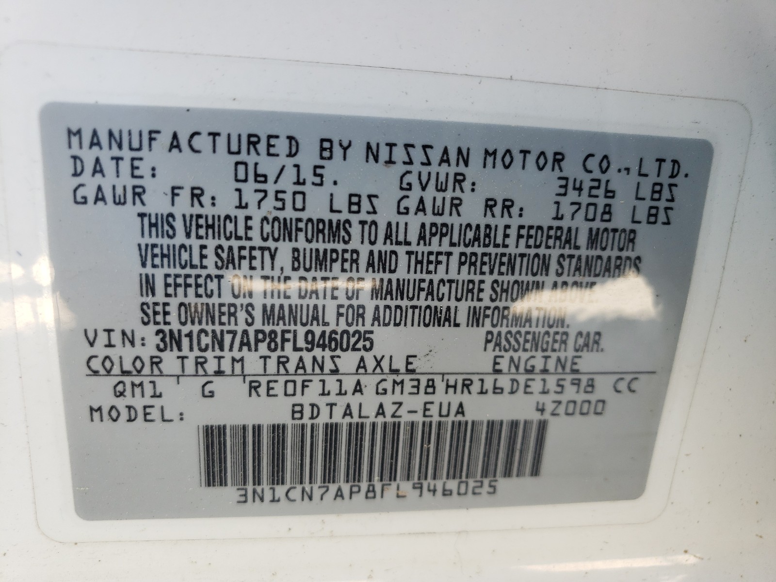 Photo 10 from auction – 2015 NISSAN VERSA S with VIN 3N1CN7AP8FL946025