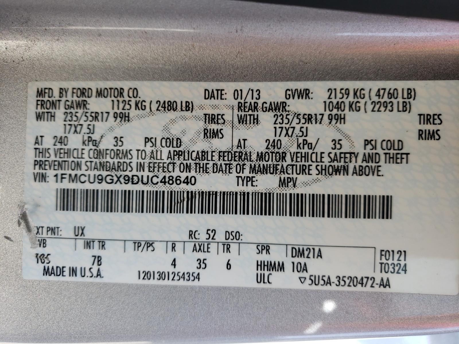 Photo 10 from auction – 2013 FORD ESCAPE SE with VIN 1FMCU9GX9DUC48640