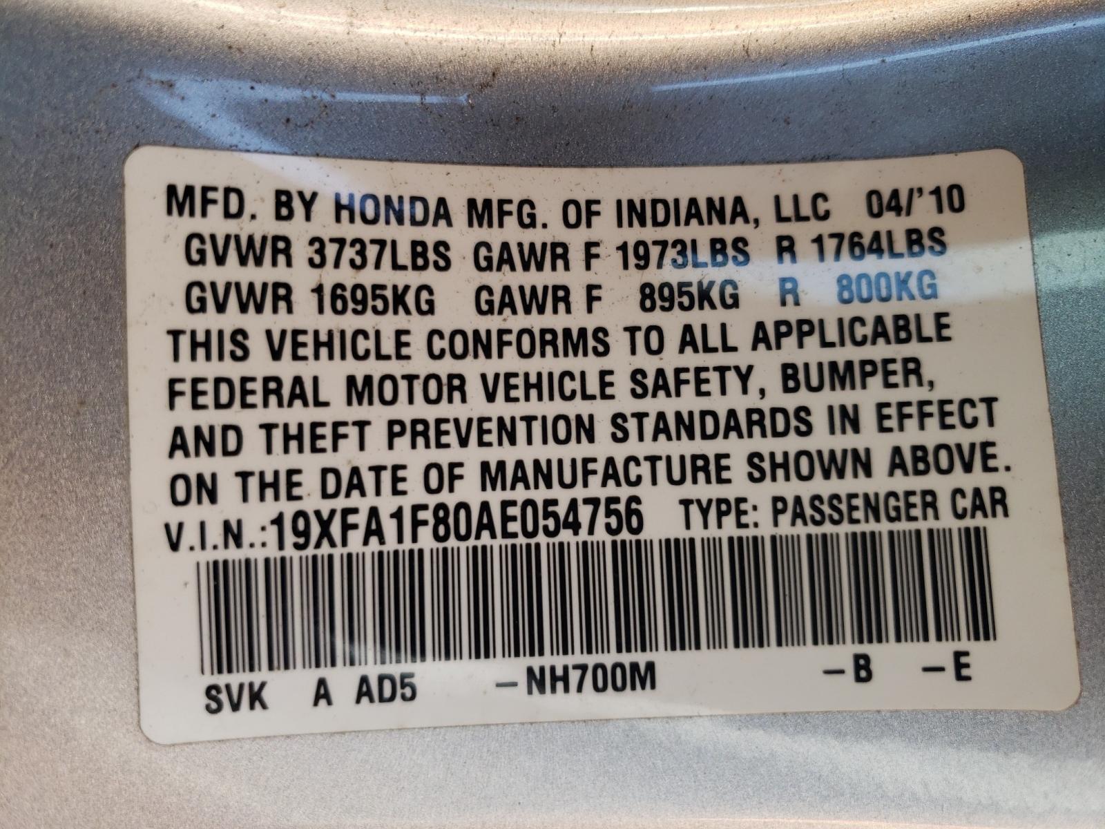 Photo 10 from auction – 2010 HONDA CIVIC EX with VIN 19XFA1F80AE054756