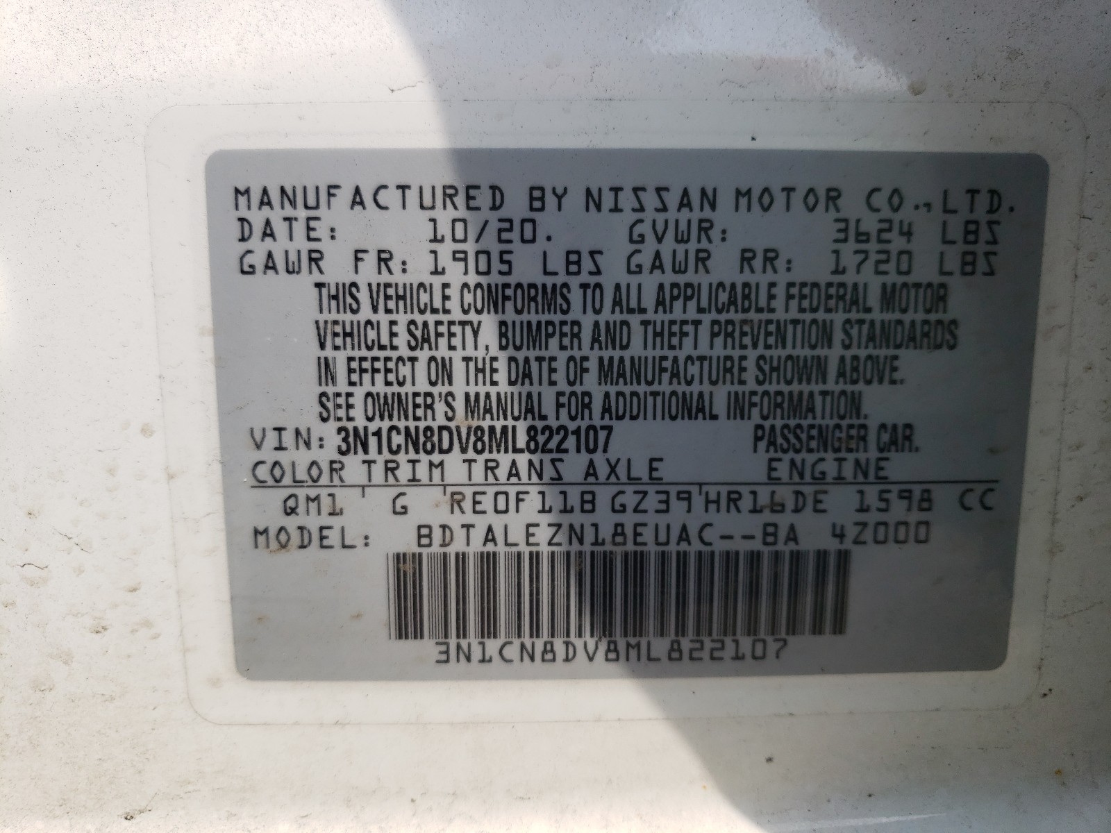 Photo 10 from auction – 2021 NISSAN VERSA S with VIN 3N1CN8DV8ML822107