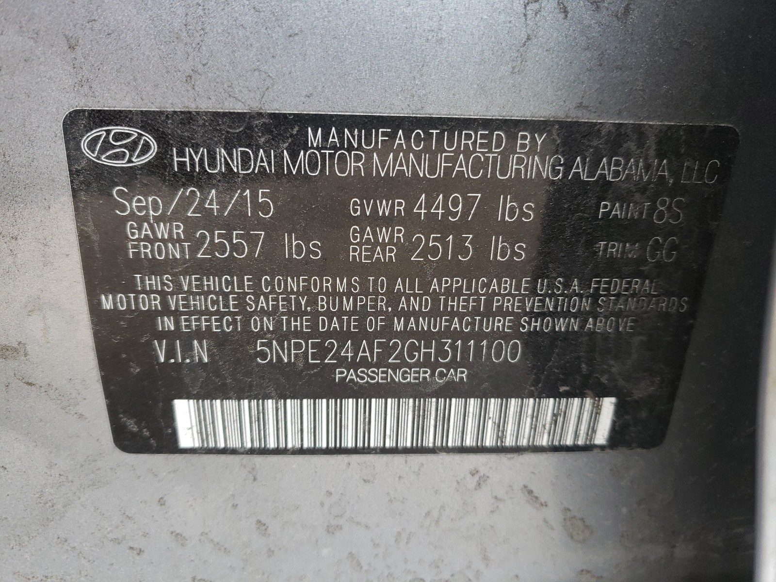 Photo 10 from auction – 2016 HYUNDAI SONATA SE with VIN 5NPE24AF2GH311100