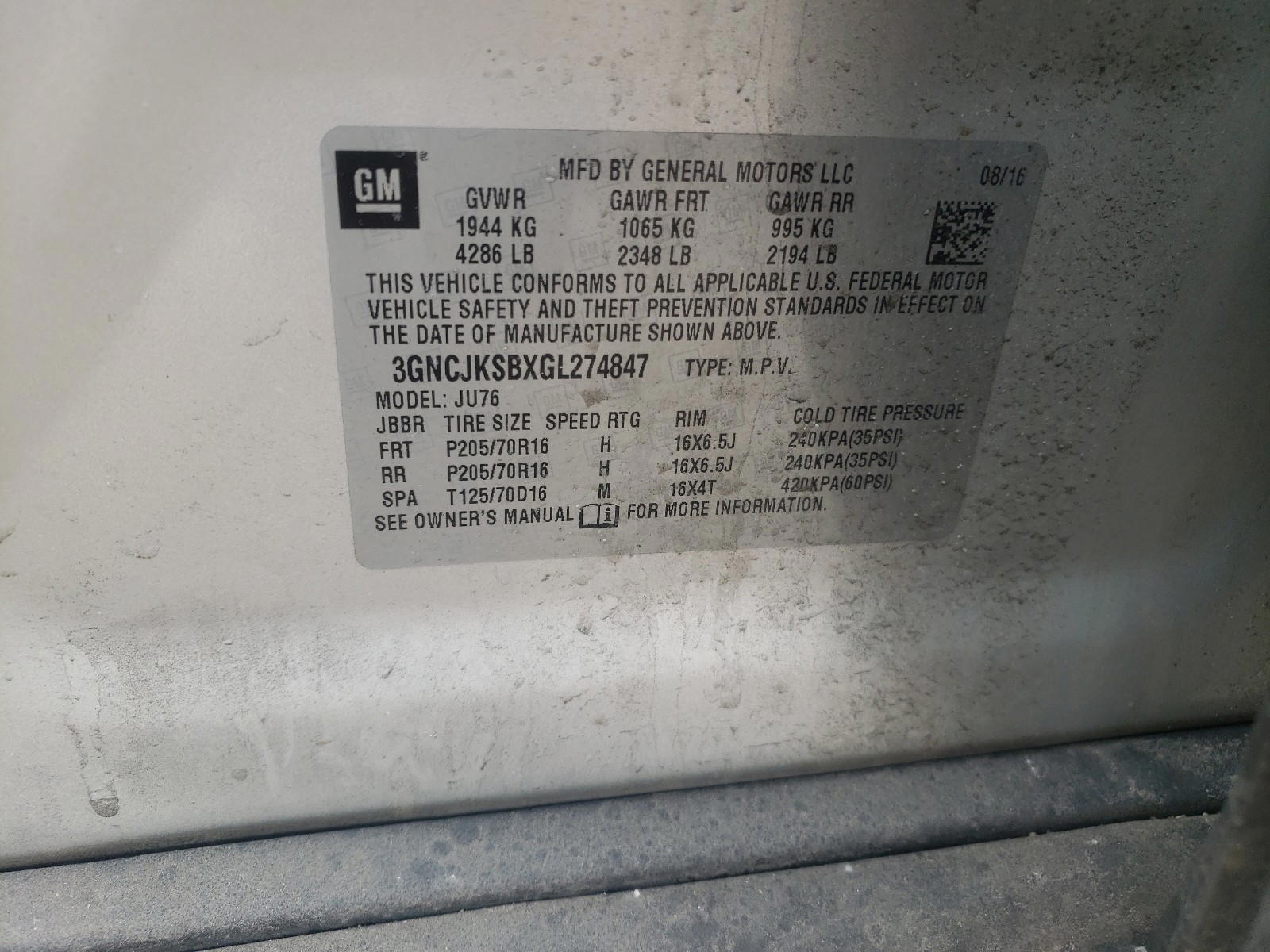 Photo 10 from auction – 2016 CHEVROLET TRAX LS with VIN 3GNCJKSBXGL274847