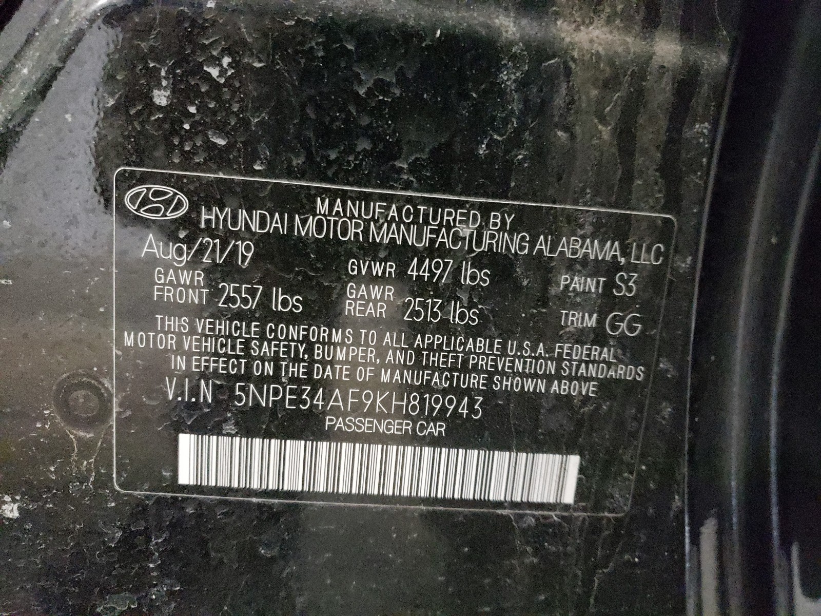 Photo 10 from auction – 2019 HYUNDAI SONATA LIM with VIN 5NPE34AF9KH819943