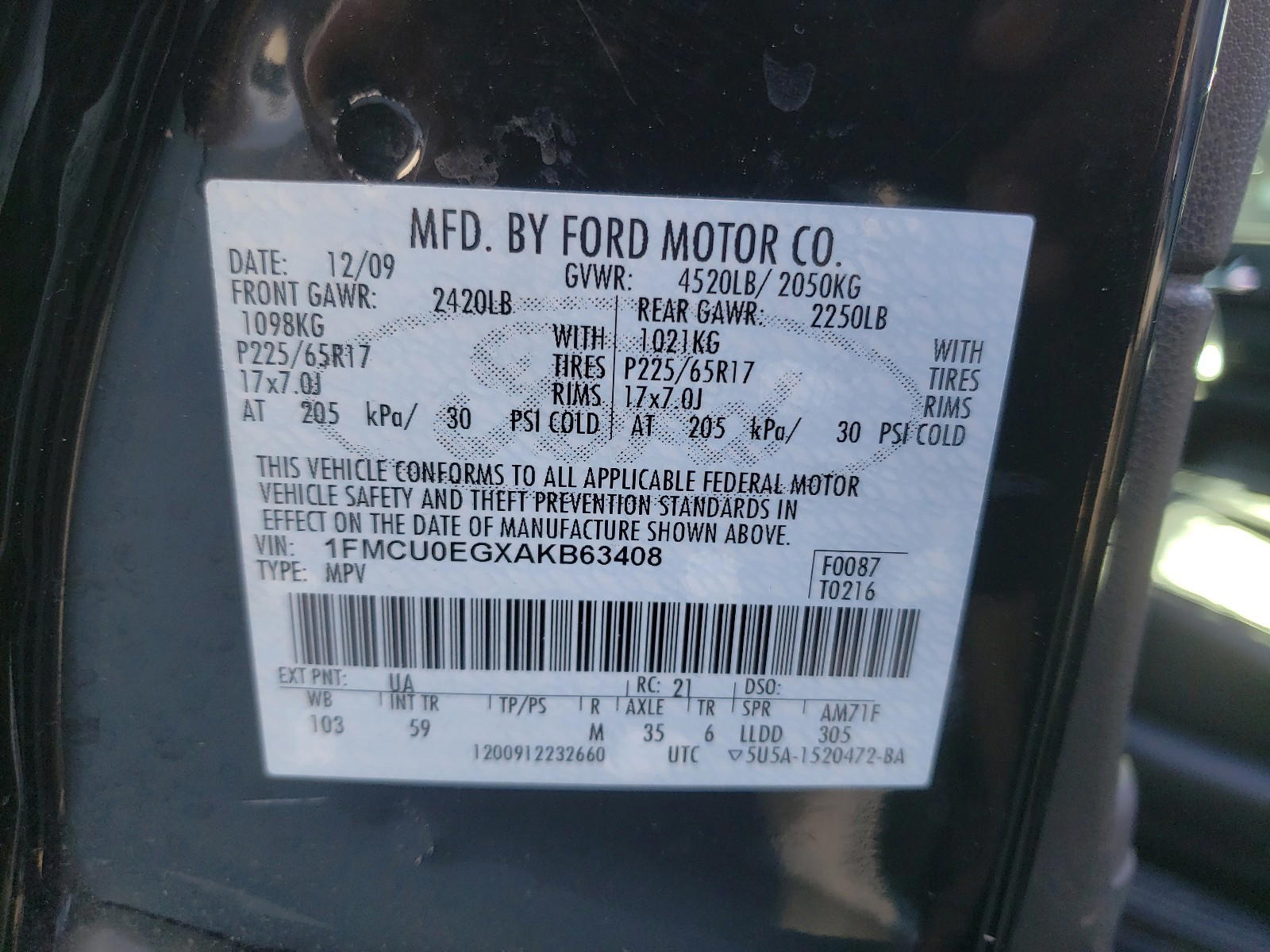Photo 10 from auction – 2010 FORD ESCAPE LIM with VIN 1FMCU0EGXAKB63408