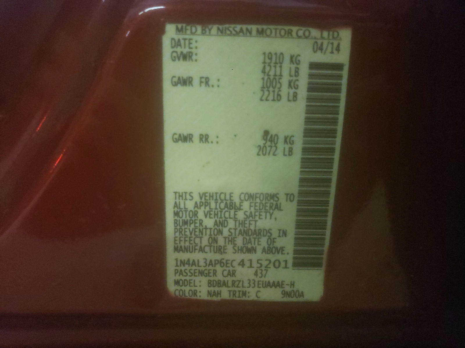 Photo 10 from auction – 2014 NISSAN ALTIMA 2.5 with VIN 1N4AL3AP6EC415201