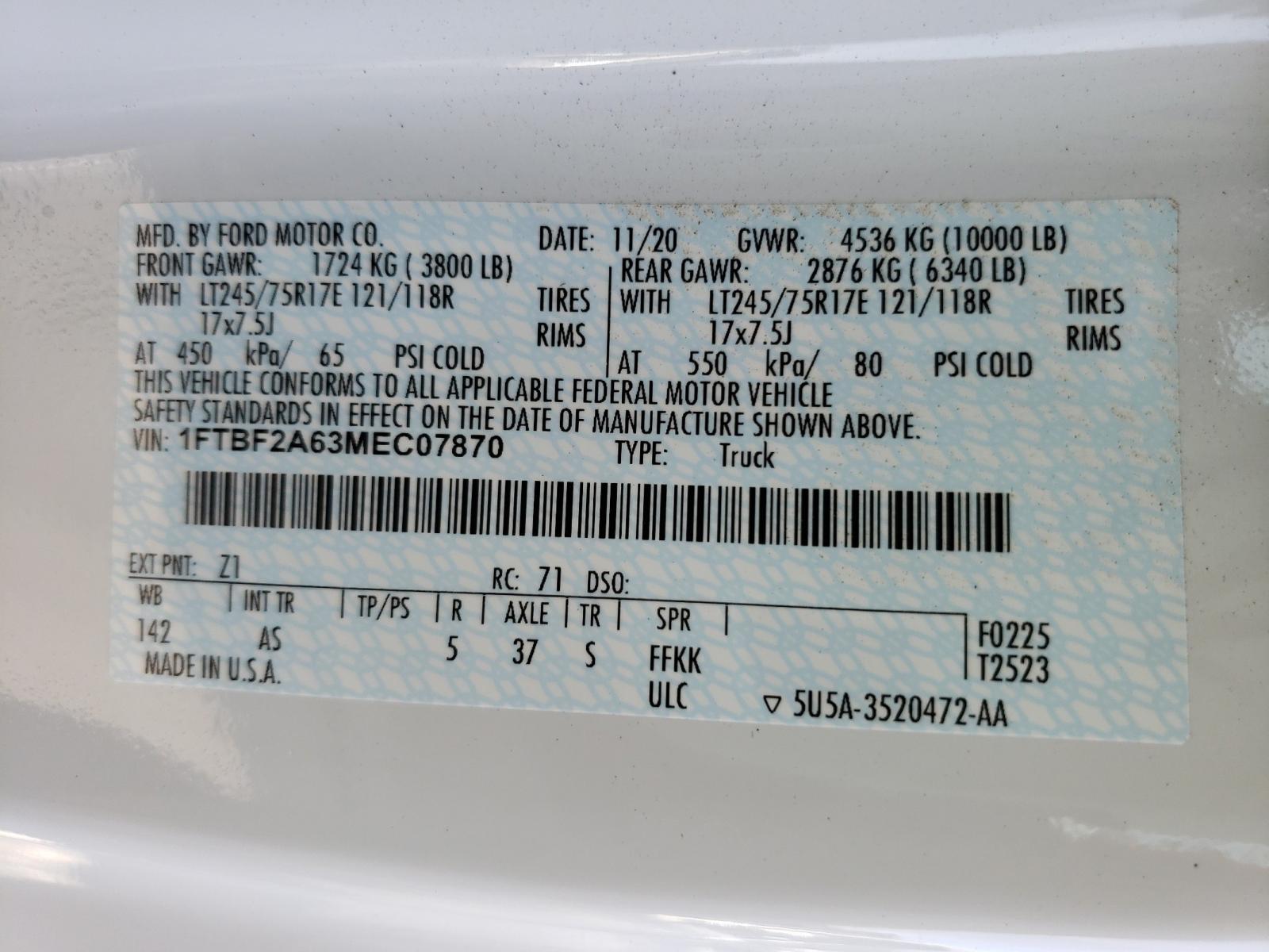 Photo 10 from auction – 2021 FORD F250 SUPER with VIN 1FTBF2A63MEC07870