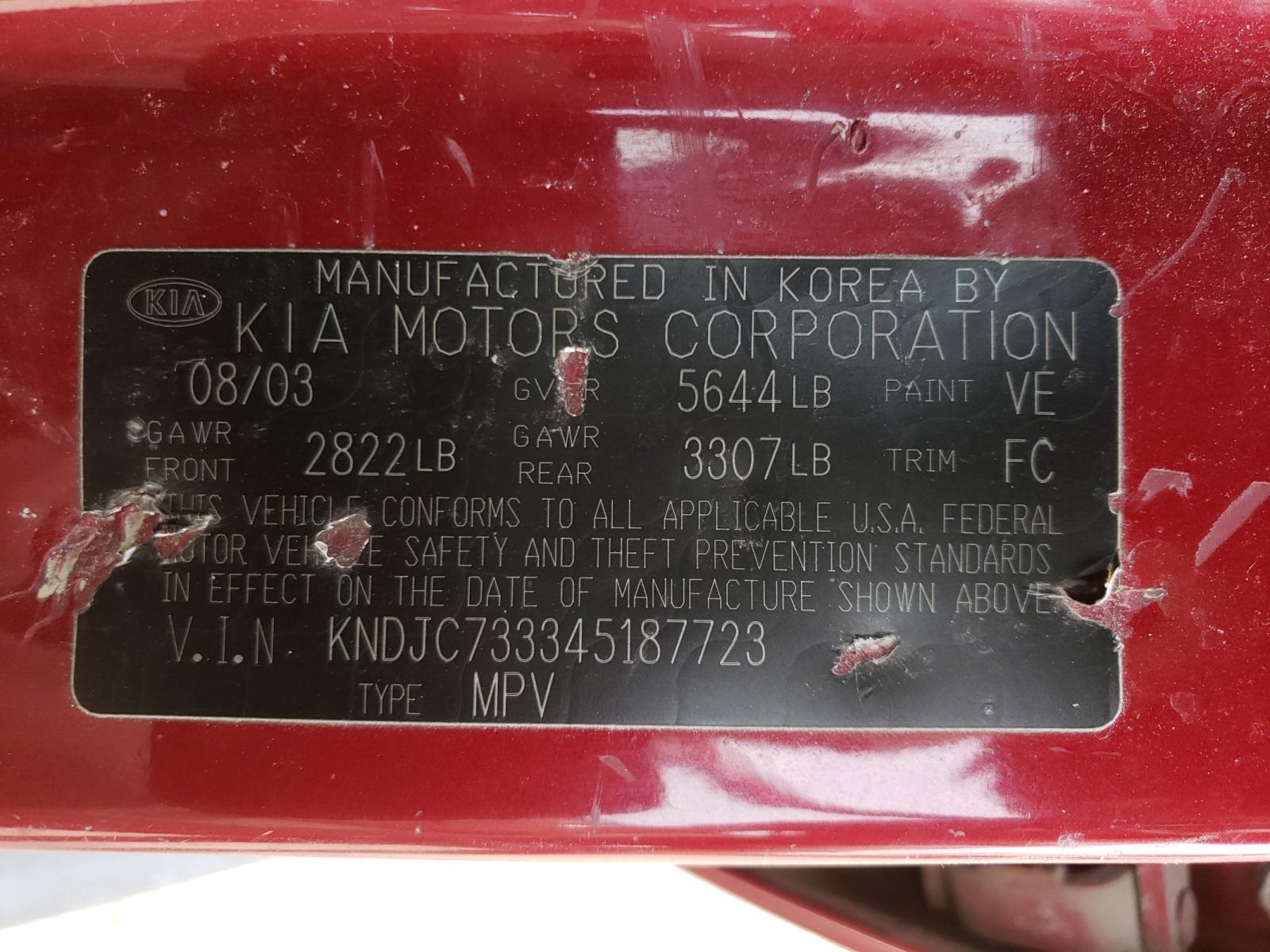 Photo 10 from auction – 2004 KIA SORENTO EX with VIN KNDJC733345187723
