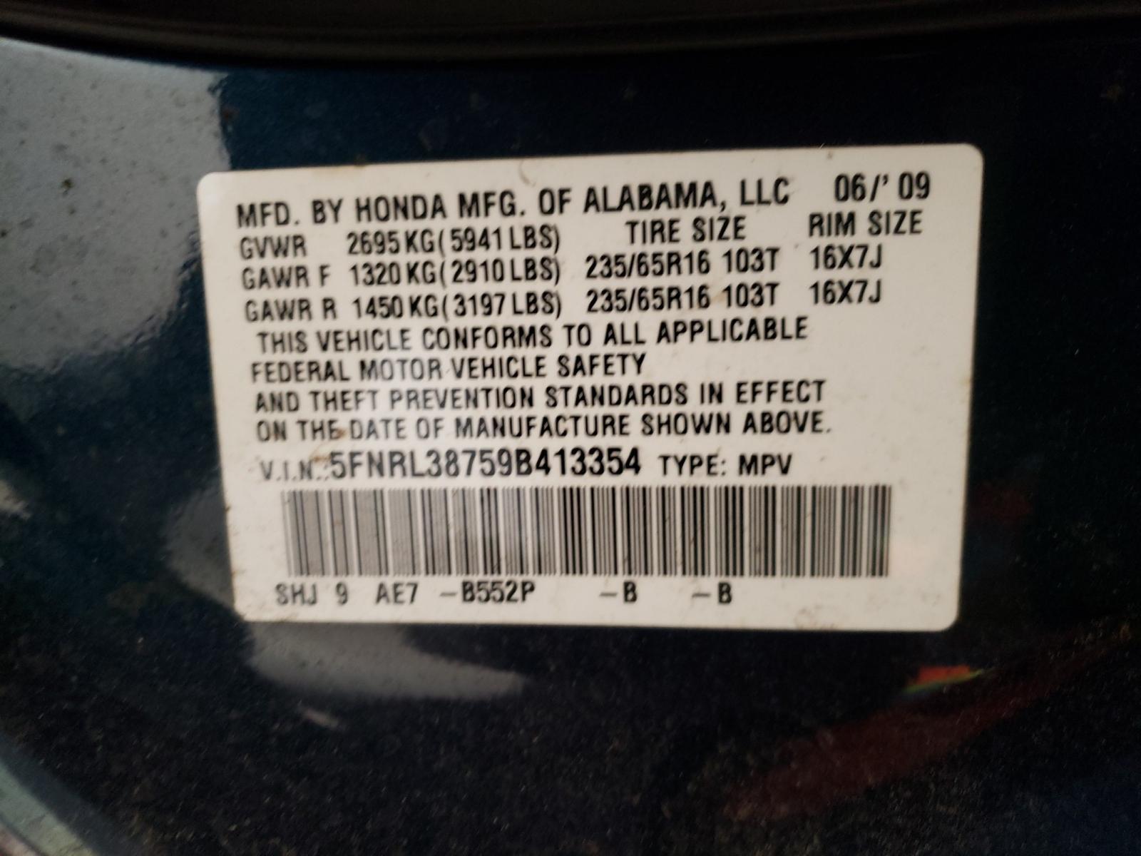 Photo 10 from auction – 2009 HONDA ODYSSEY EX with VIN 5FNRL38759B413354