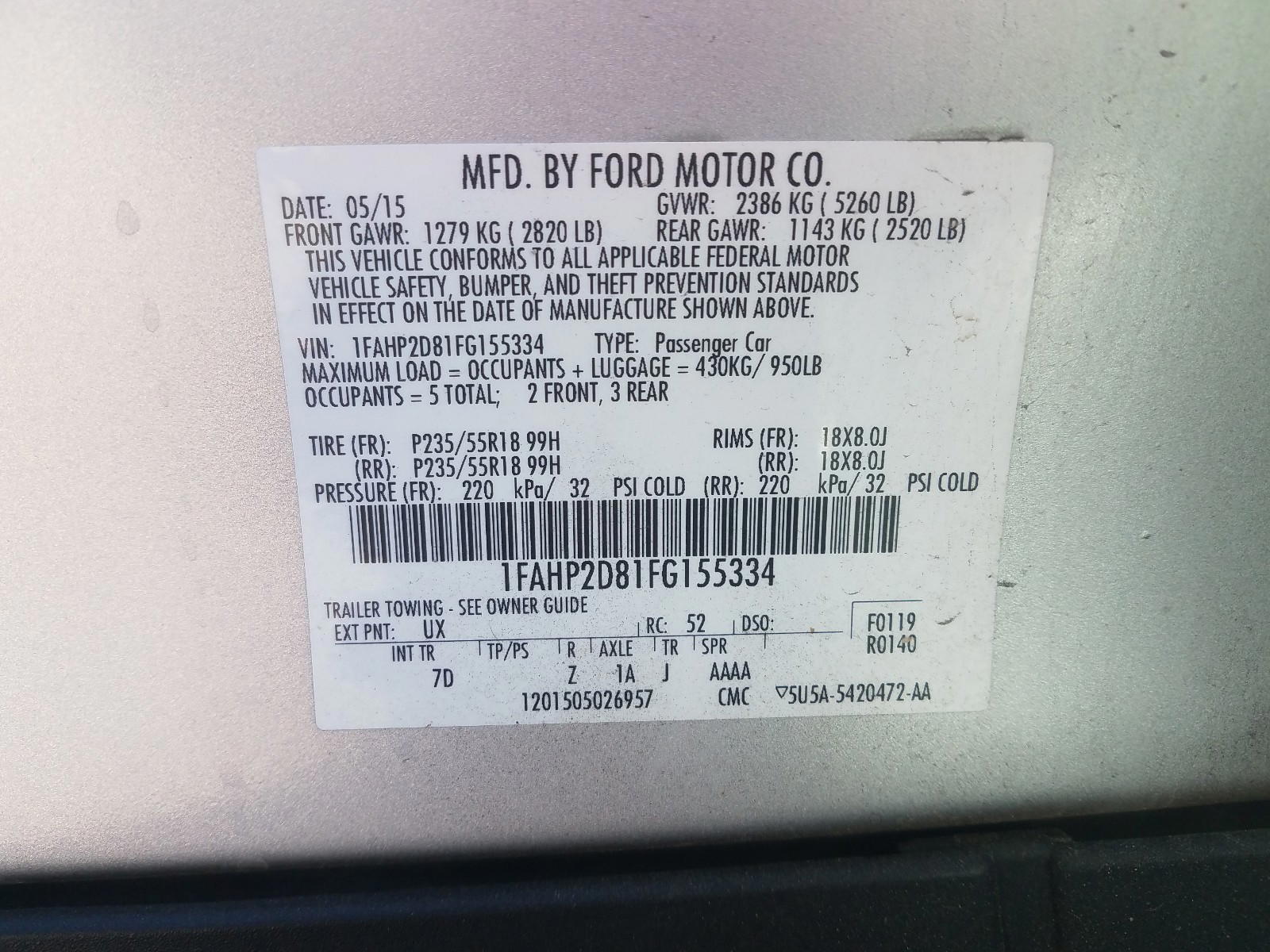 Photo 10 from auction – 2015 FORD TAURUS SE with VIN 1FAHP2D81FG155334
