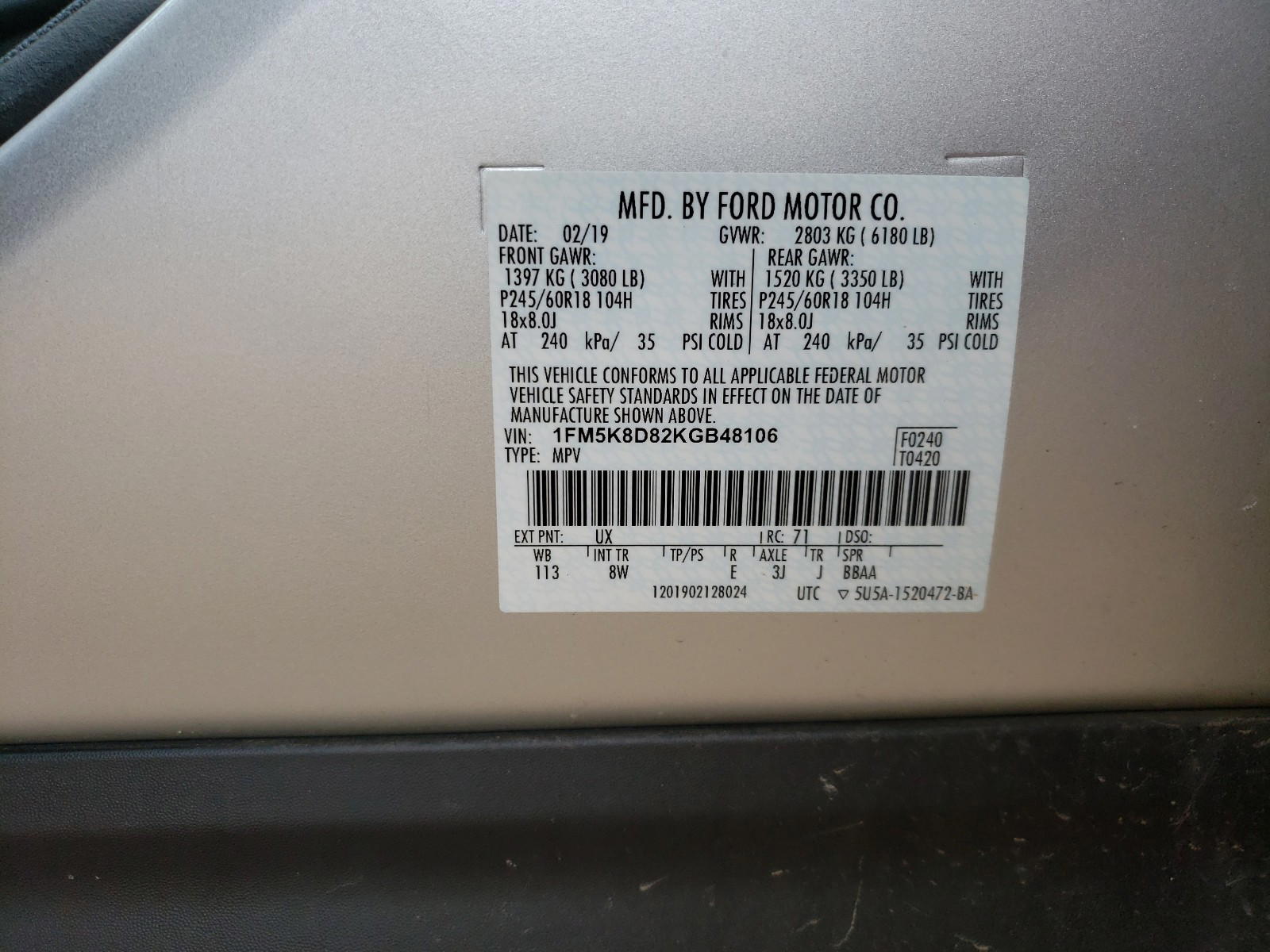 Photo 10 from auction – 2019 FORD EXPLORER X with VIN 1FM5K8D82KGB48106