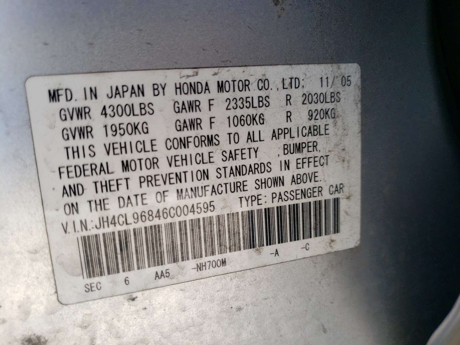 Photo 10 from auction – 2006 ACURA TSX with VIN JH4CL96846C004595
