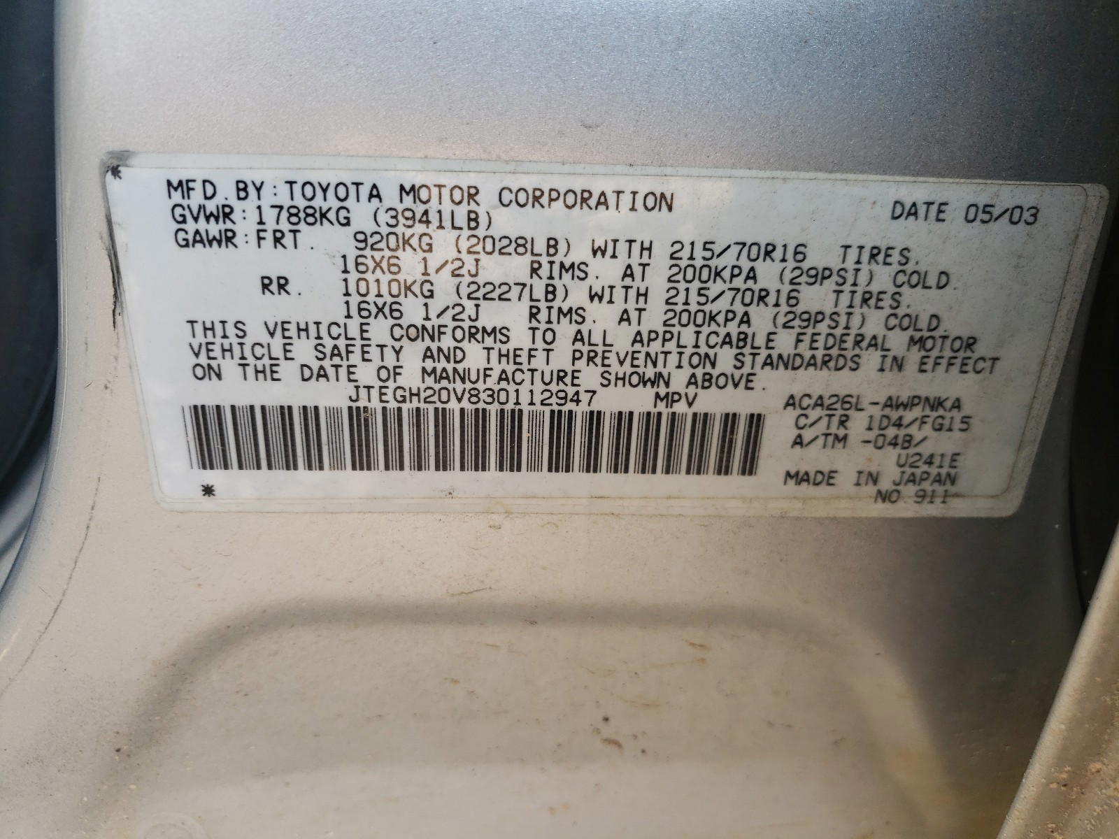 Photo 10 from auction – 2003 TOYOTA RAV4 with VIN JTEGH20V830112947