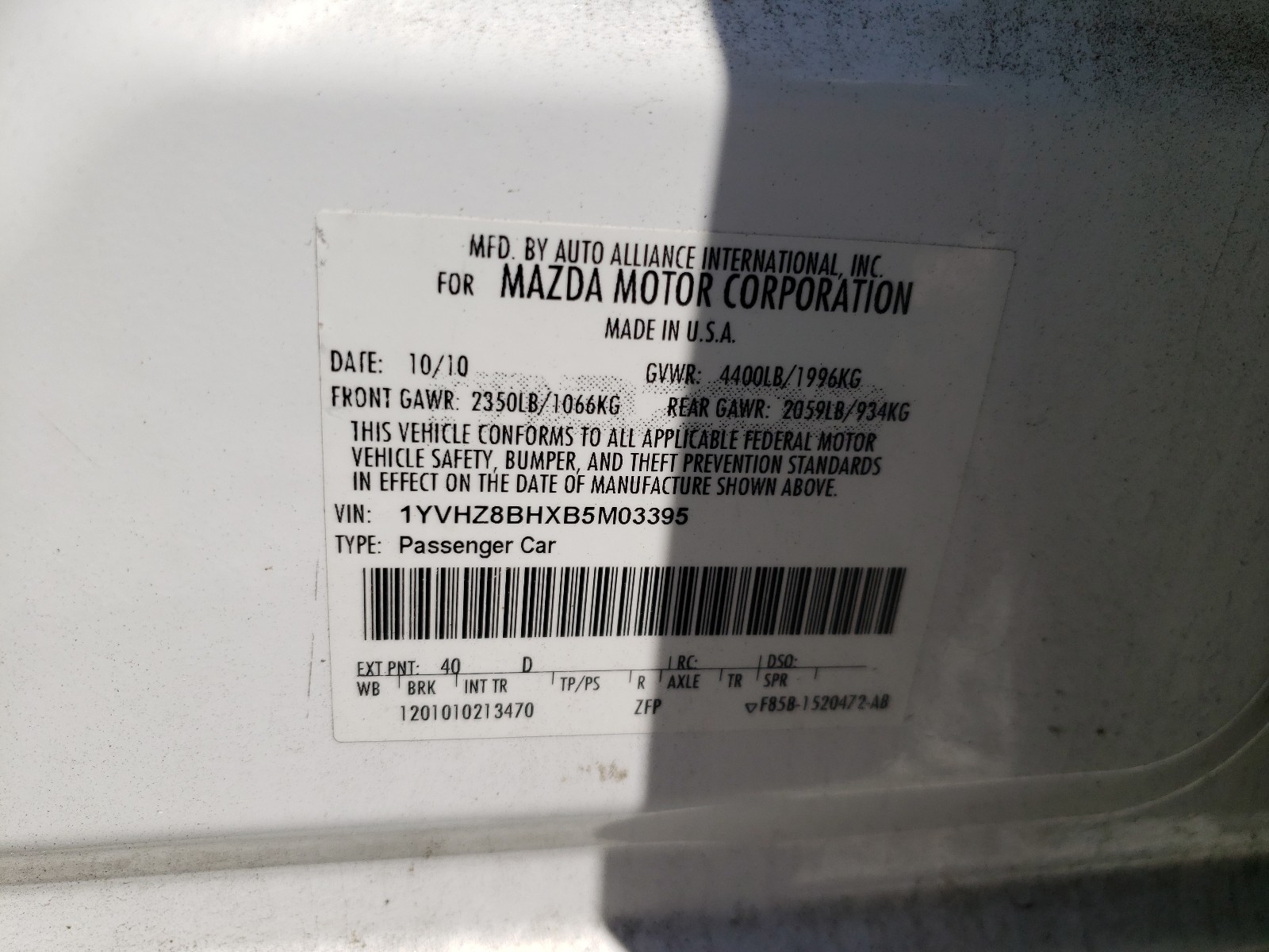 Photo 10 from auction – 2011 MAZDA 6 I with VIN 1YVHZ8BHXB5M03395