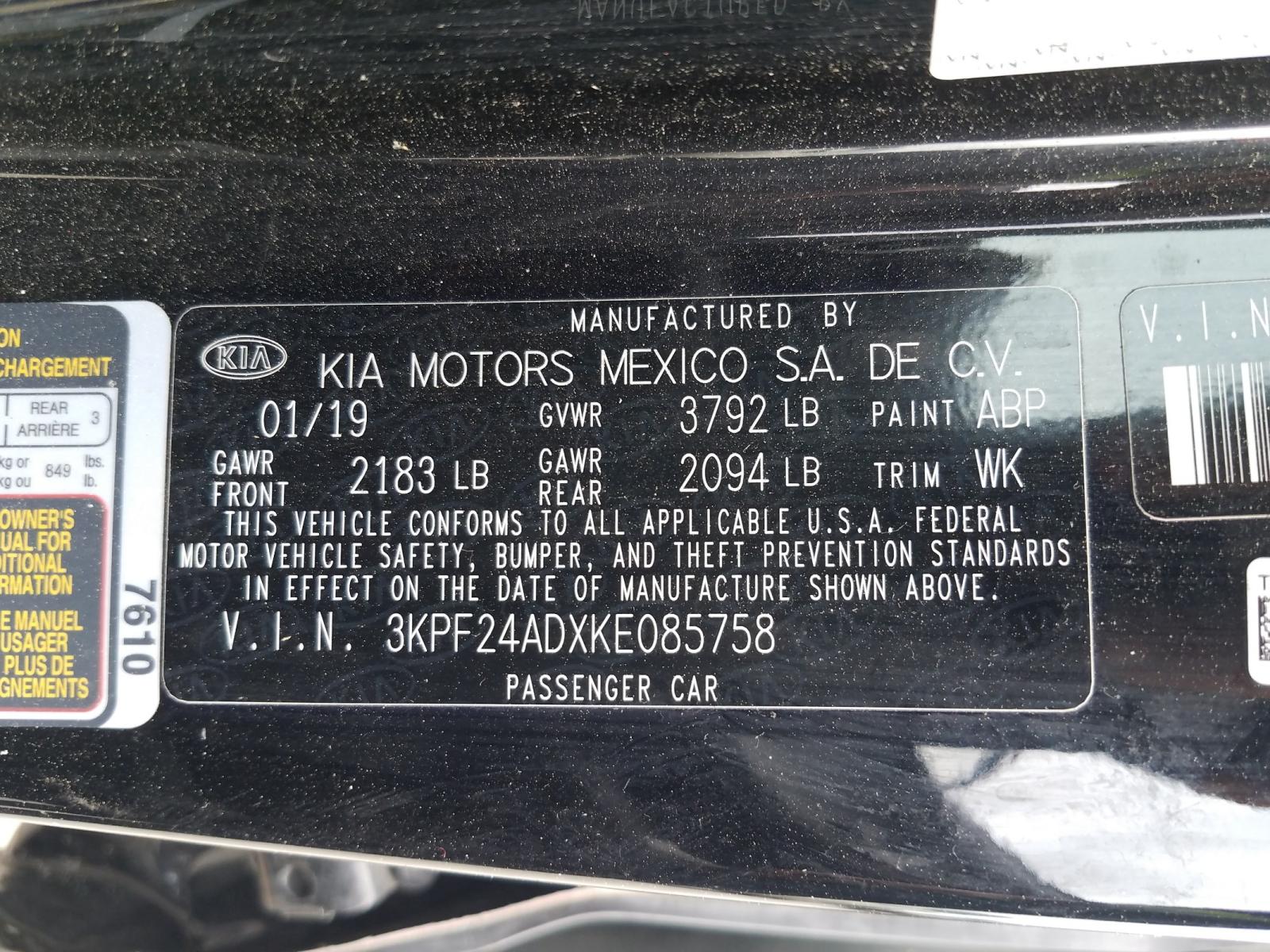 Photo 10 from auction – 2019 KIA FORTE FE with VIN 3KPF24ADXKE085758