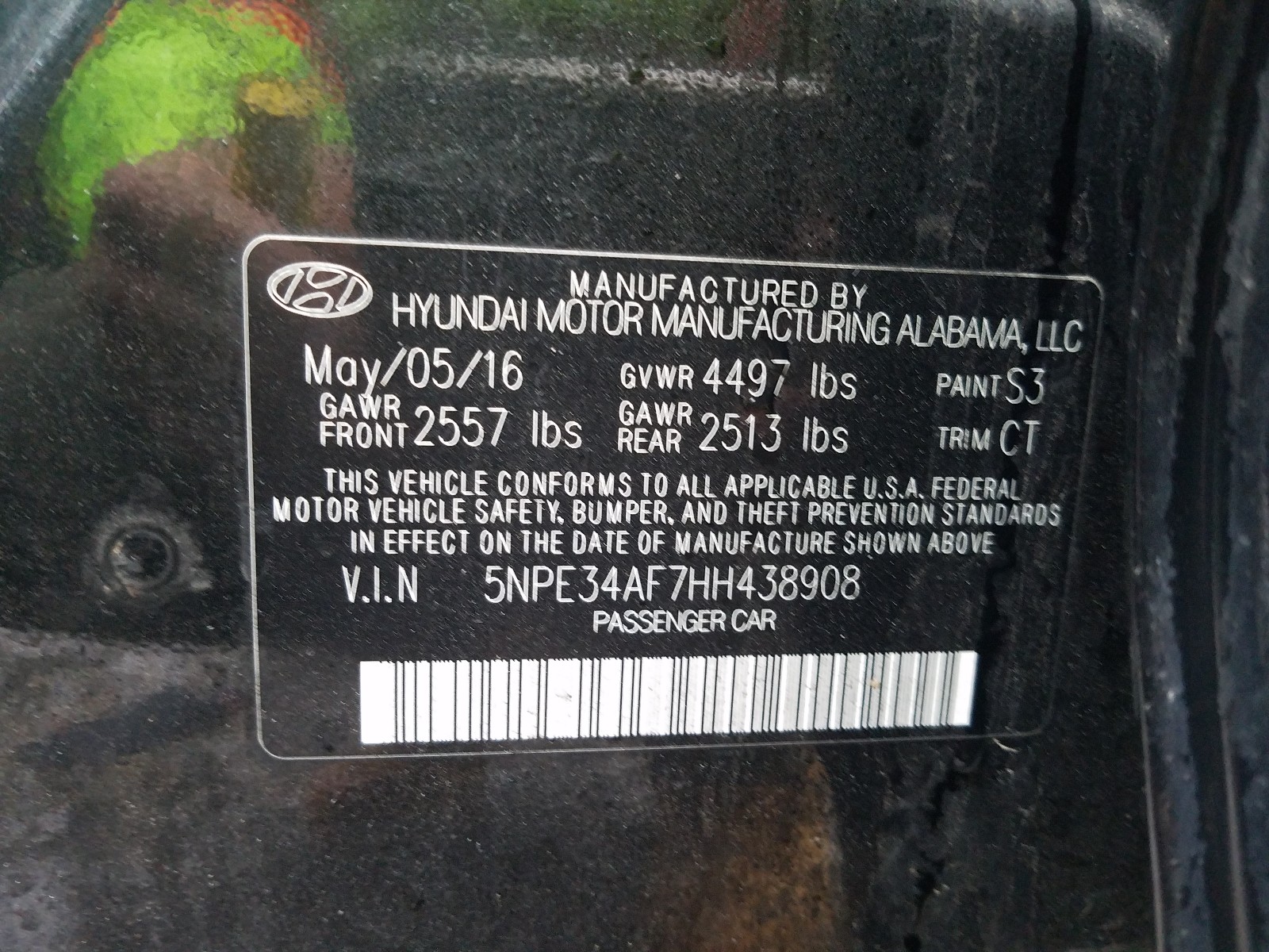 Photo 10 from auction – 2017 HYUNDAI SONATA SPO with VIN 5NPE34AF7HH438908