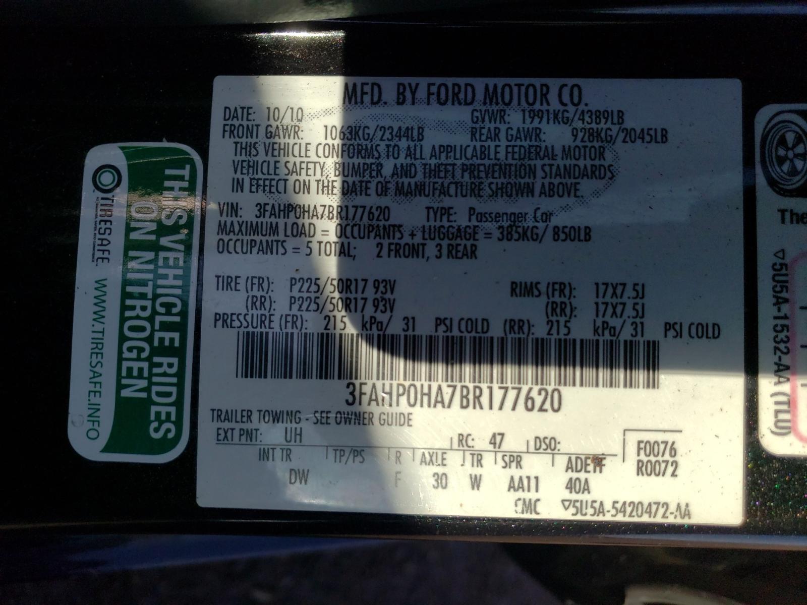 Photo 10 from auction – 2011 FORD FUSION SE with VIN 3FAHP0HA7BR177620