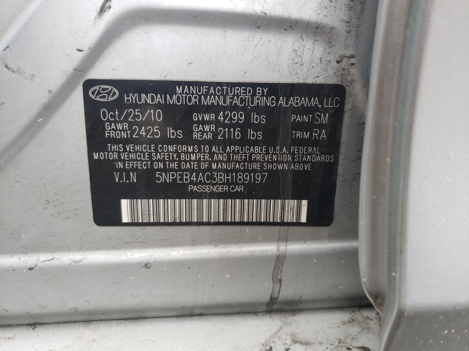 Photo 10 from auction – 2011 HYUNDAI SONATA GLS with VIN 5NPEB4AC3BH189197