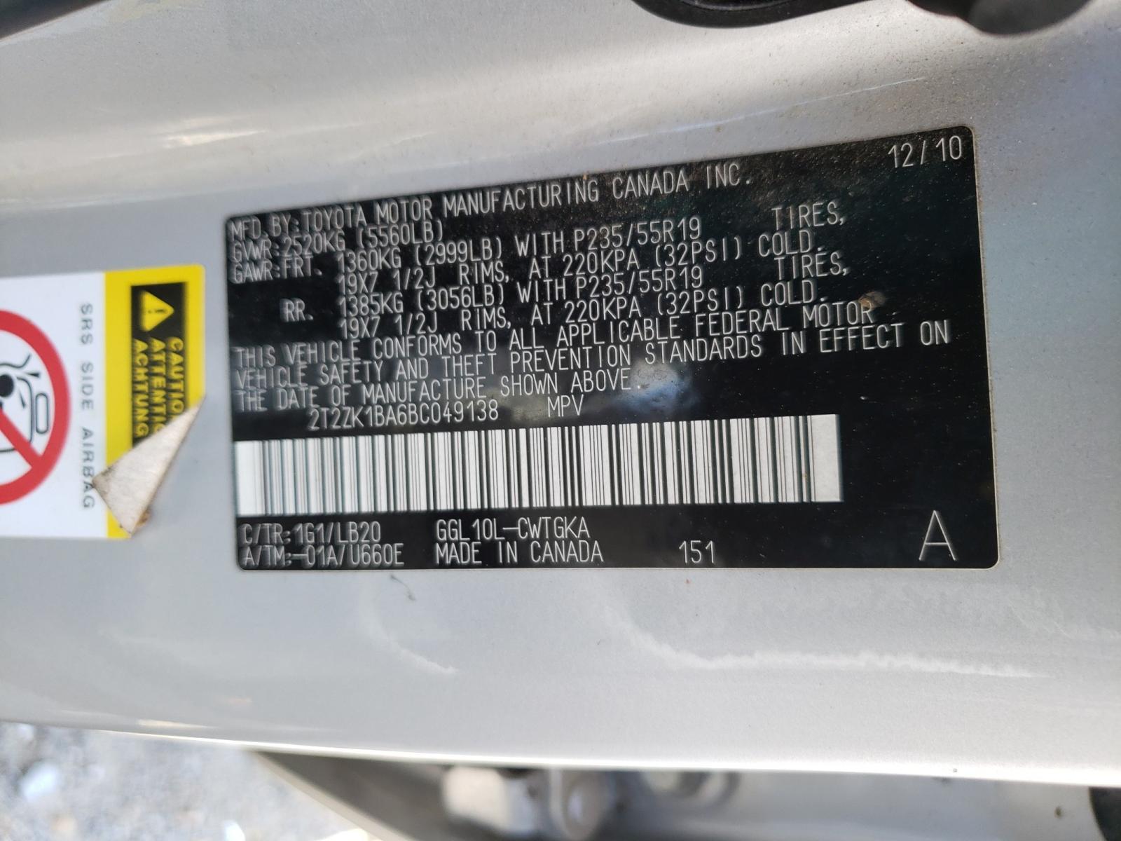 Photo 10 from auction – 2011 LEXUS RX 350 with VIN 2T2ZK1BA6BC049138