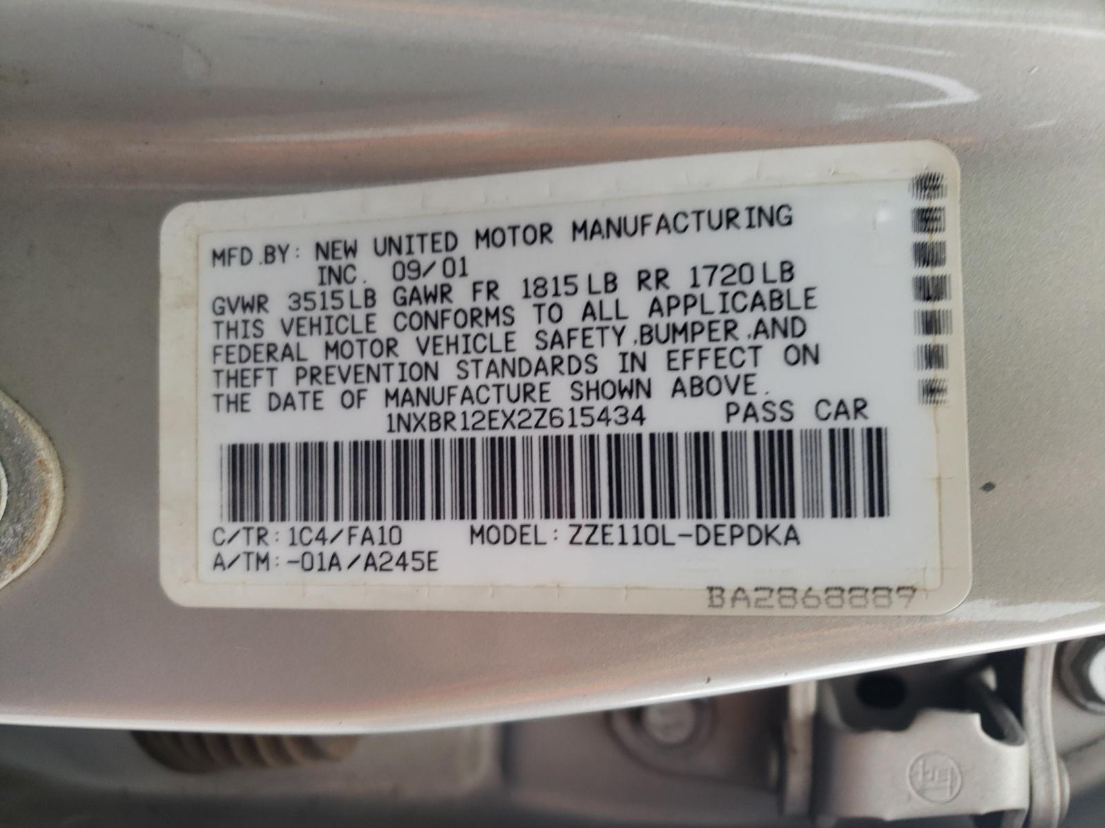 Photo 10 from auction – 2002 TOYOTA COROLLA CE with VIN 1NXBR12EX2Z615434