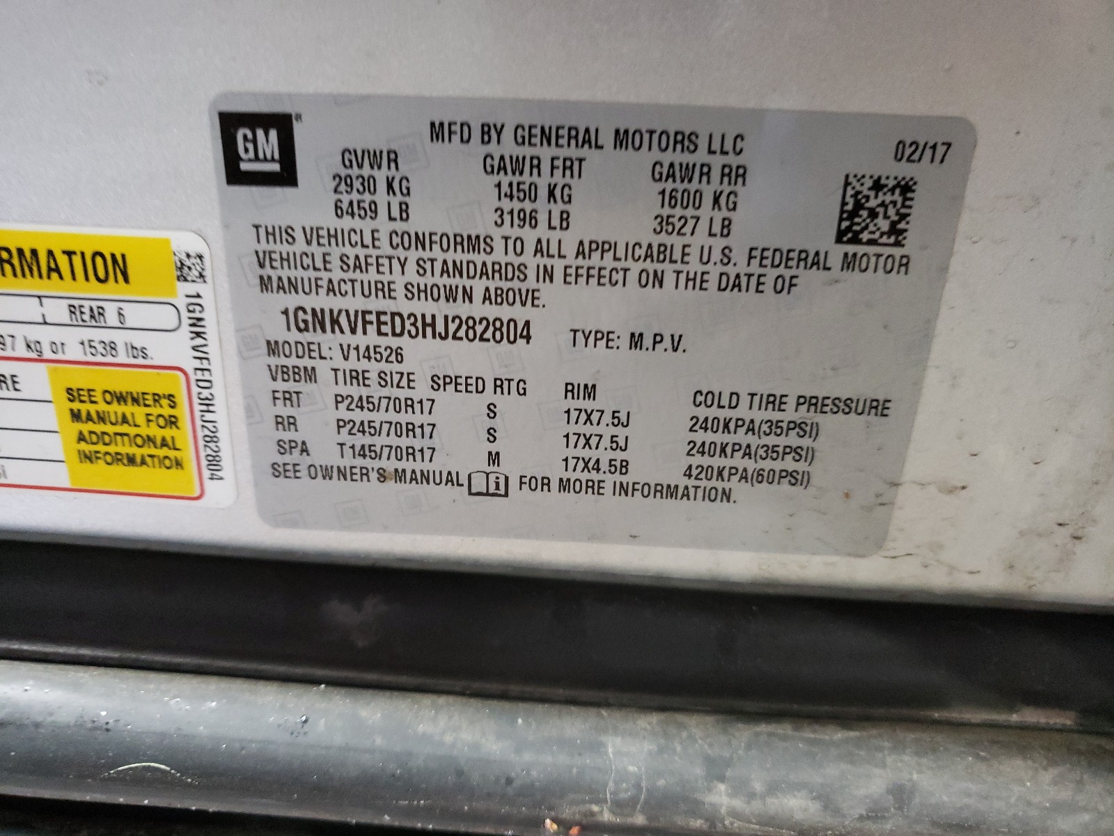 Photo 10 from auction – 2017 CHEVROLET TRAVERSE L with VIN 1GNKVFED3HJ282804