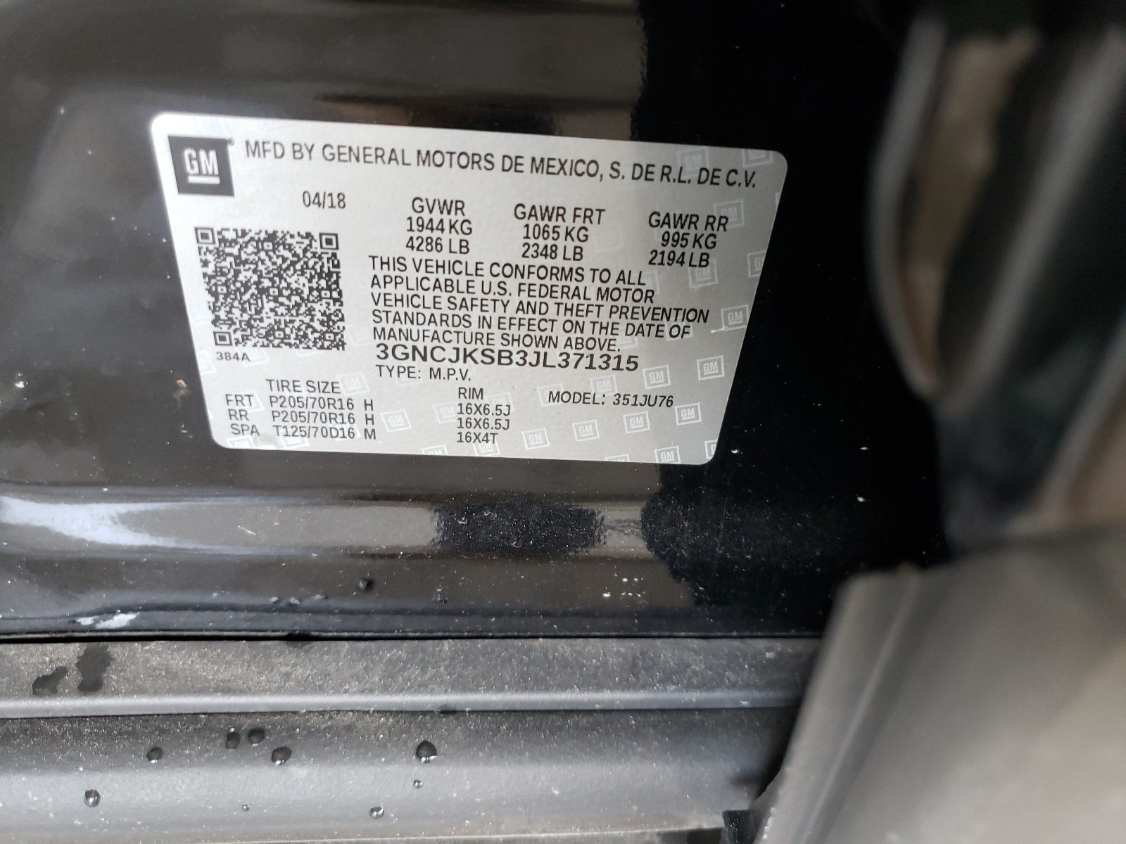 Photo 10 from auction – 2018 CHEVROLET TRAX LS with VIN 3GNCJKSB3JL371315