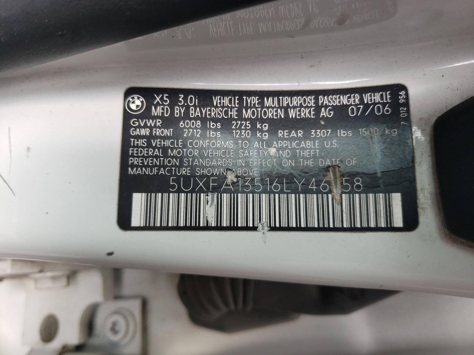 Photo 10 from auction – 2006 BMW X5 3.0I with VIN 5UXFA13516LY46258