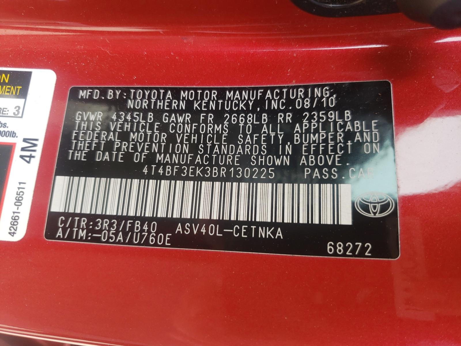 Photo 10 from auction – 2011 TOYOTA CAMRY BASE with VIN 4T4BF3EK3BR130225
