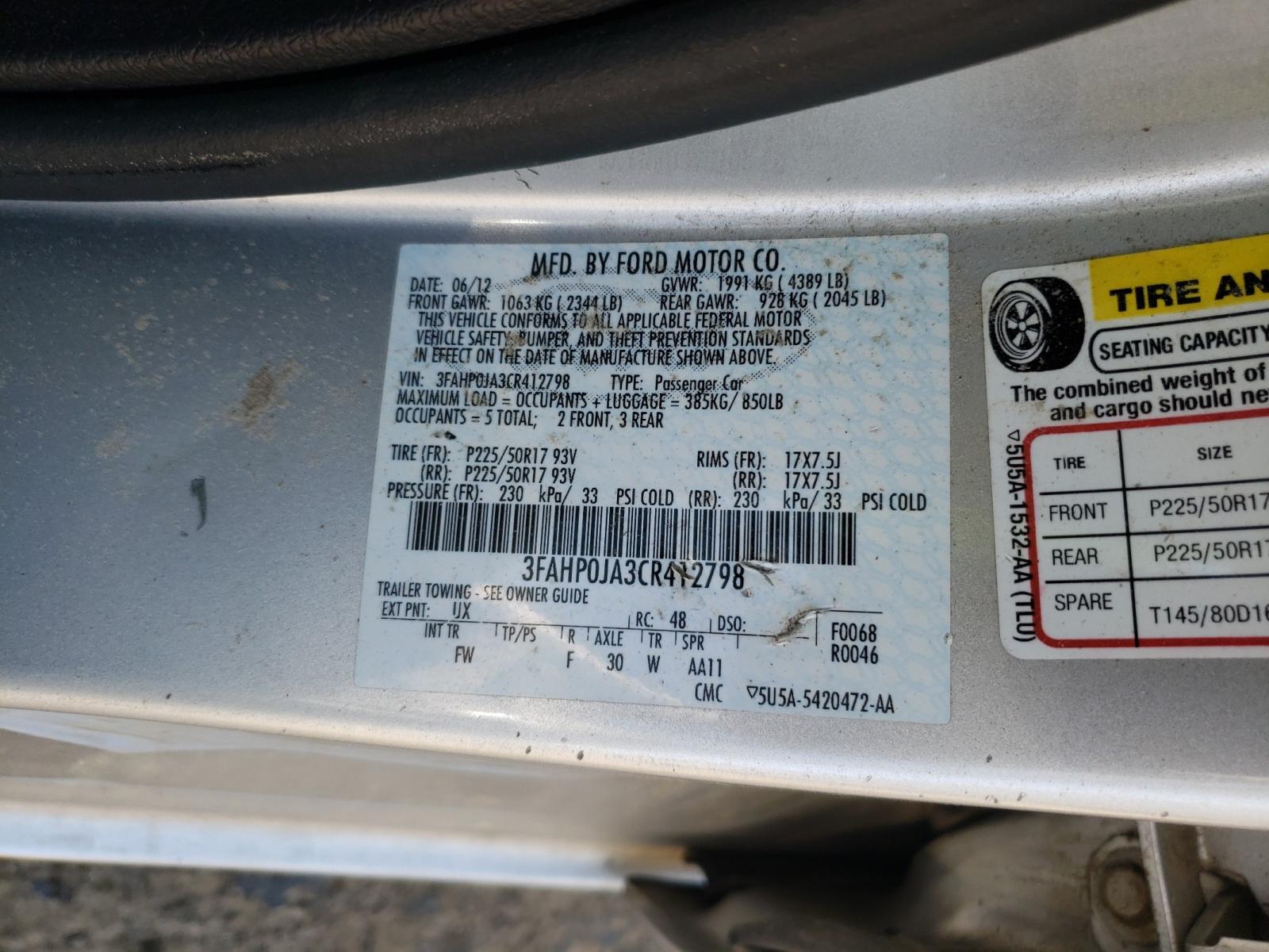 Photo 10 from auction – 2012 FORD FUSION SEL with VIN 3FAHP0JA3CR412798