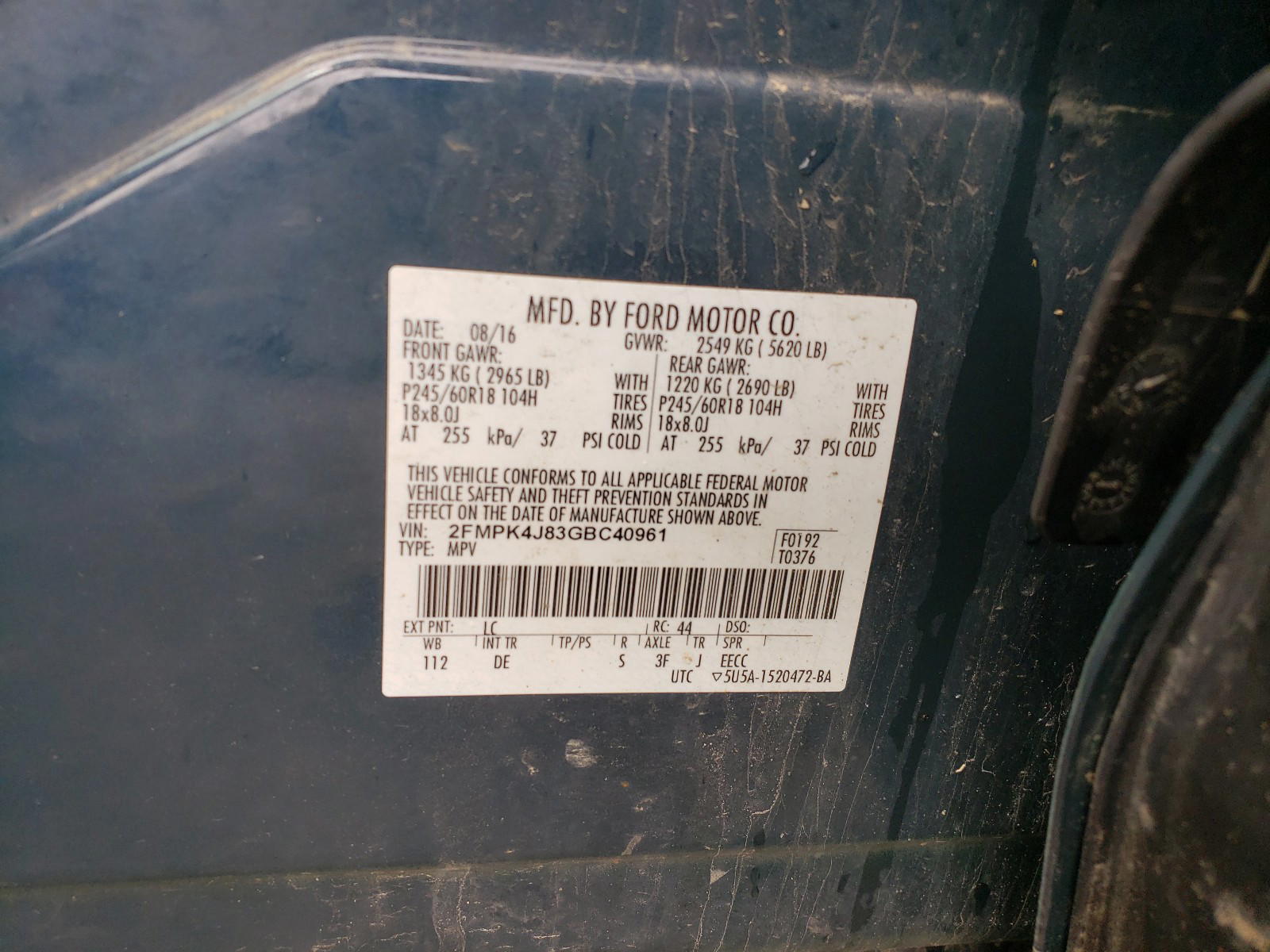 Photo 10 from auction – 2016 FORD EDGE SEL with VIN 2FMPK4J83GBC40961