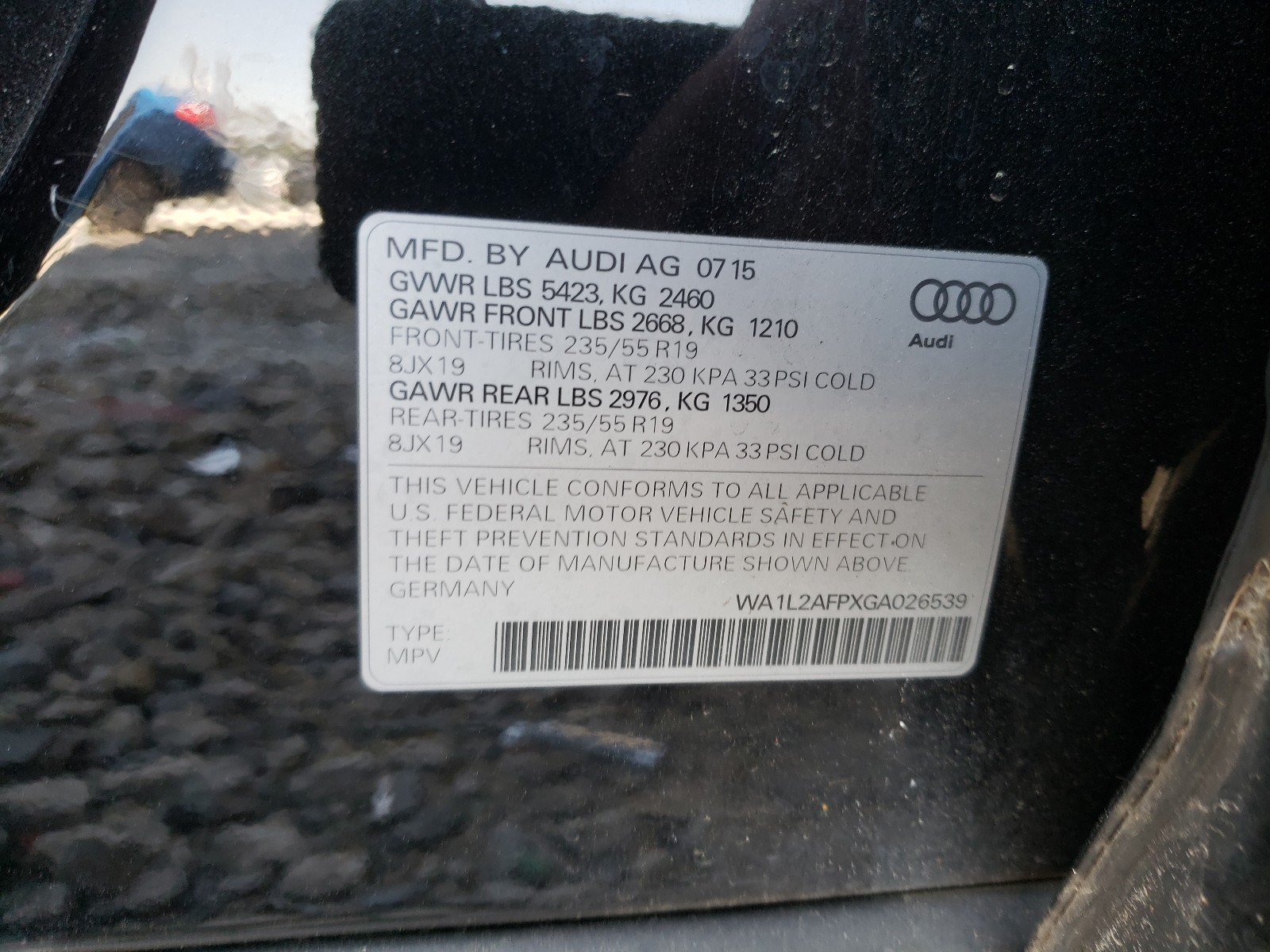 Photo 10 from auction – 2016 AUDI Q5 PREMIUM with VIN WA1L2AFPXGA026539