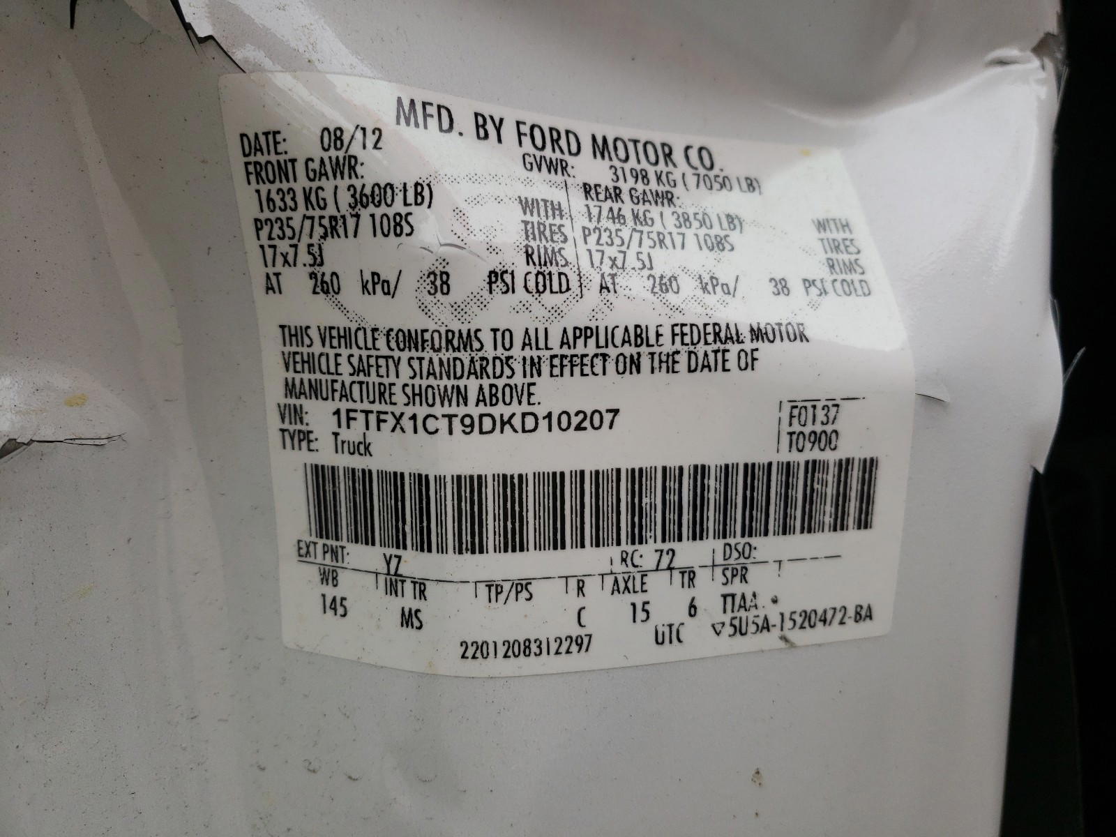 Photo 10 from auction – 2013 FORD F150 with VIN 1FTFX1CT9DKD10207