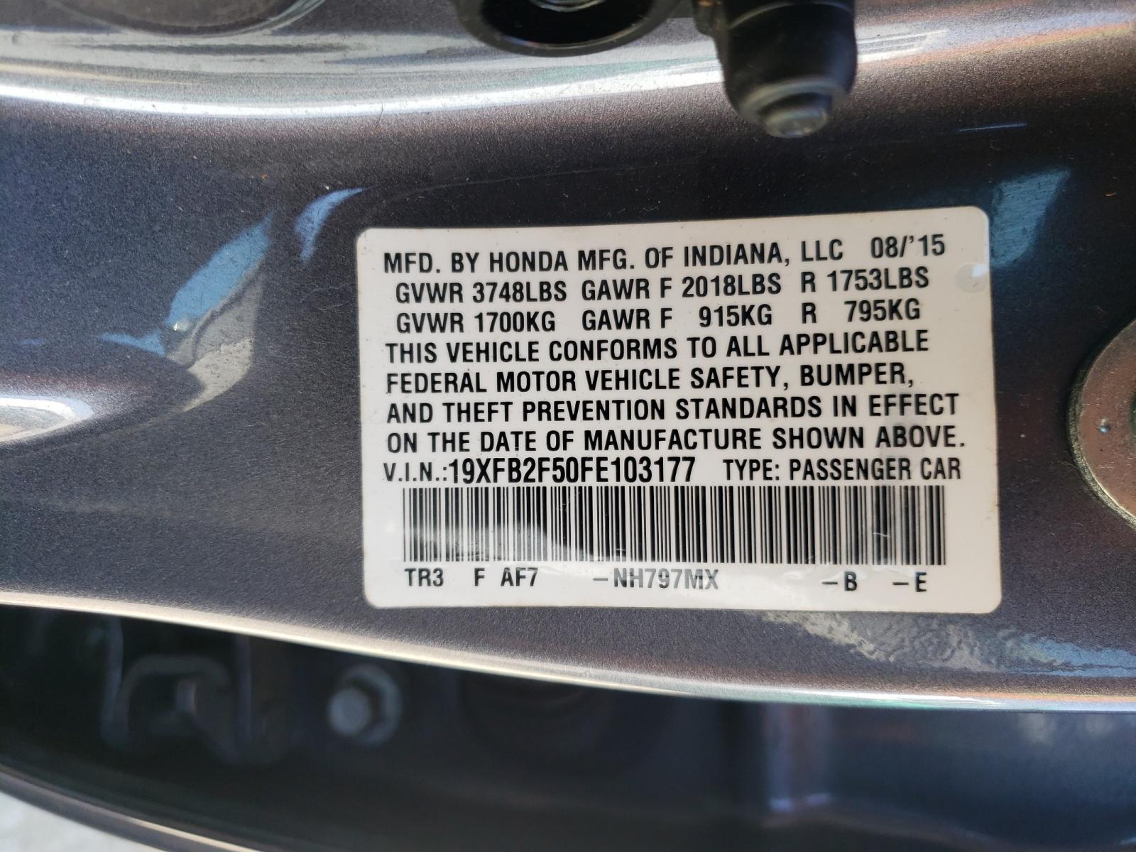 Photo 10 from auction – 2015 HONDA CIVIC LX with VIN 19XFB2F50FE103177