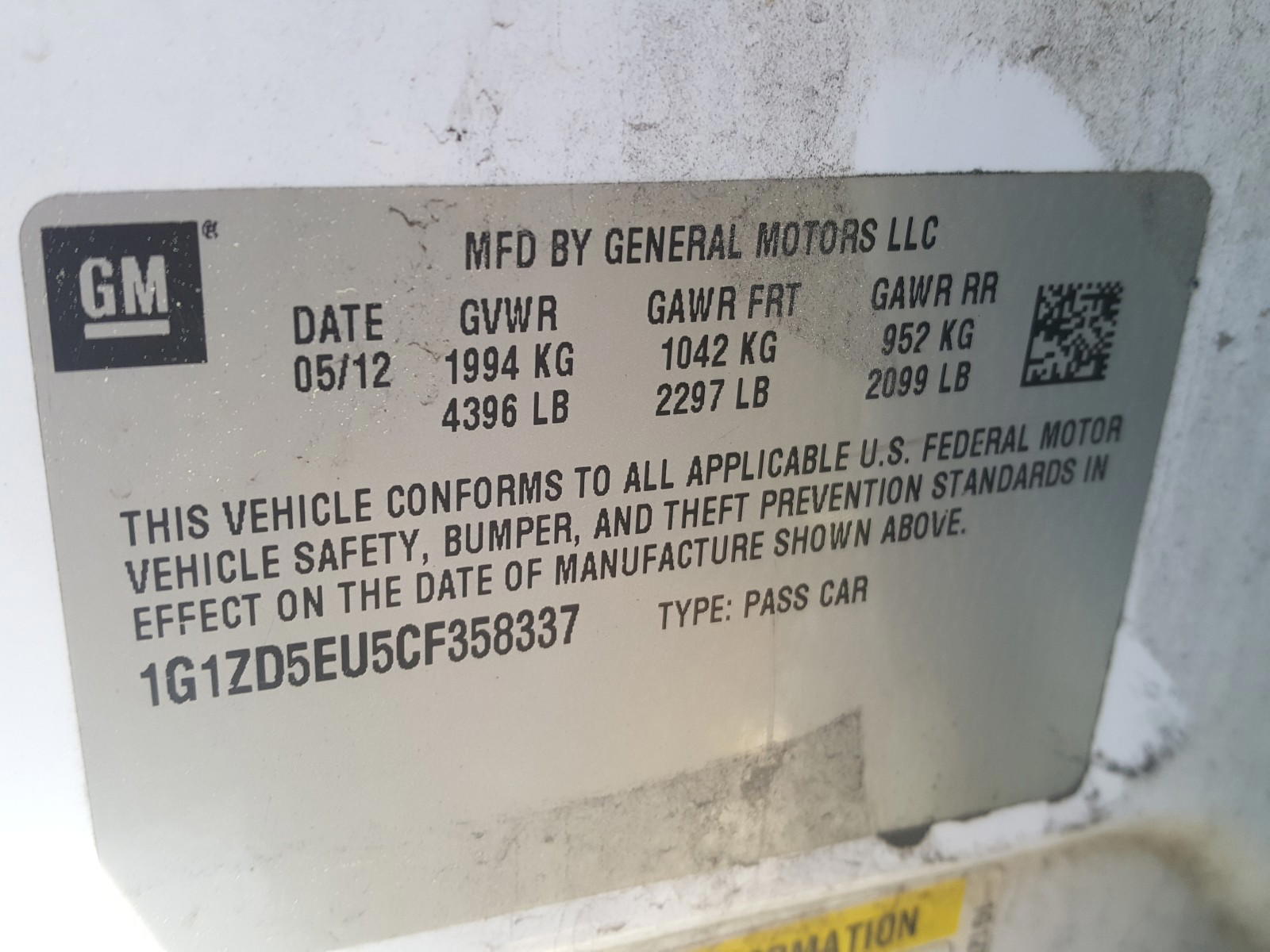 Photo 10 from auction – 2012 CHEVROLET MALIBU 2LT with VIN 1G1ZD5EU5CF358337