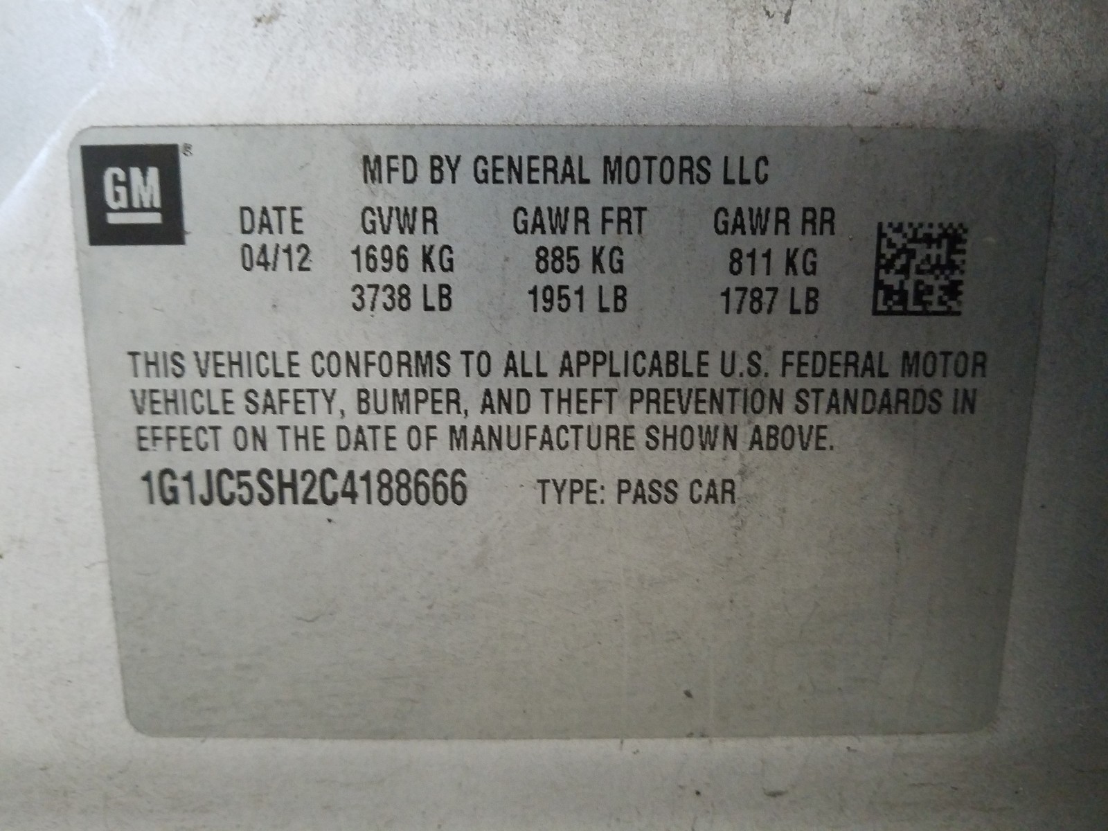 Photo 10 from auction – 2012 CHEVROLET SONIC LT with VIN 1G1JC5SH2C4188666
