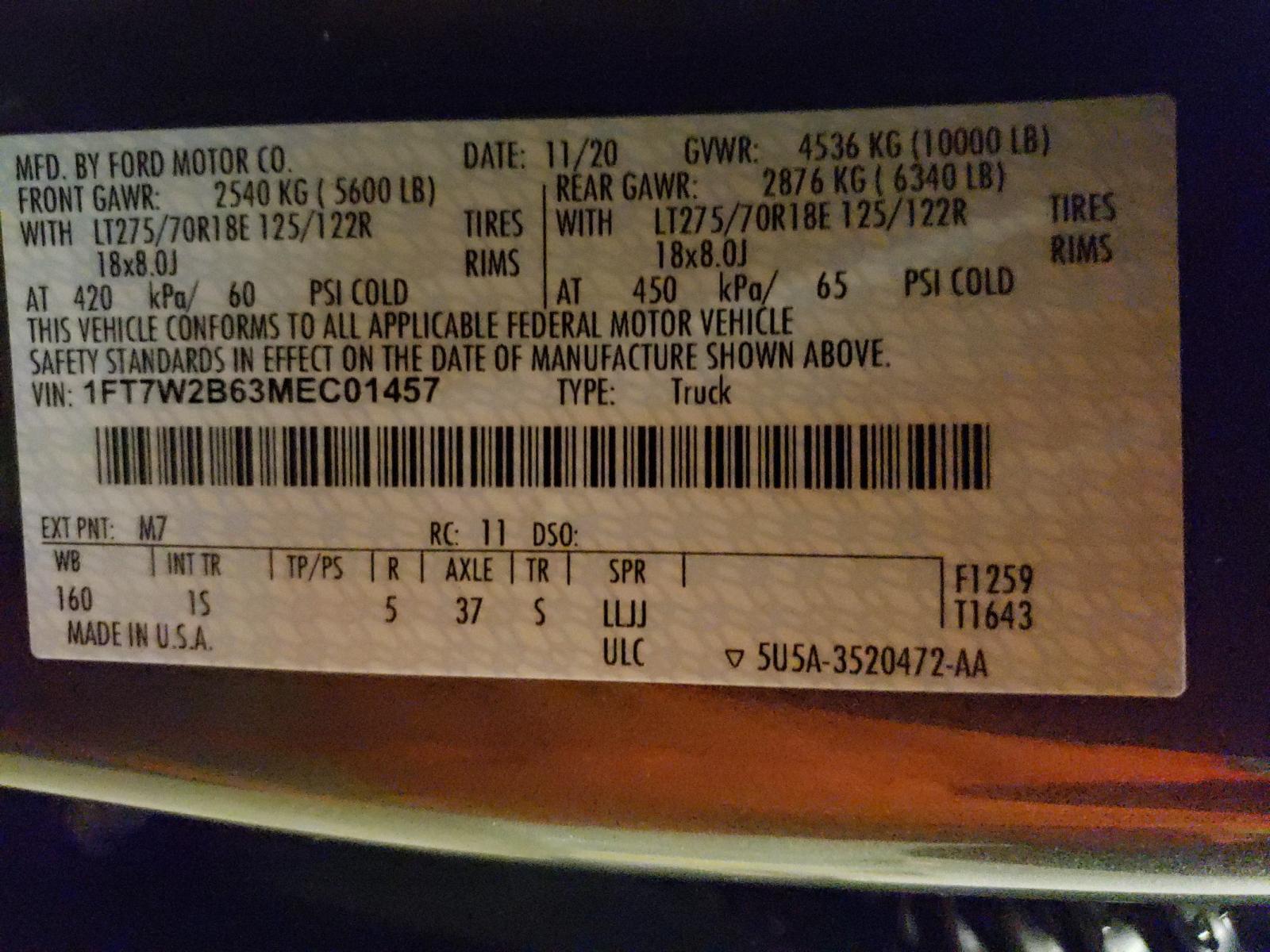Photo 10 from auction – 2021 FORD F250 SUPER with VIN 1FT7W2B63MEC01457