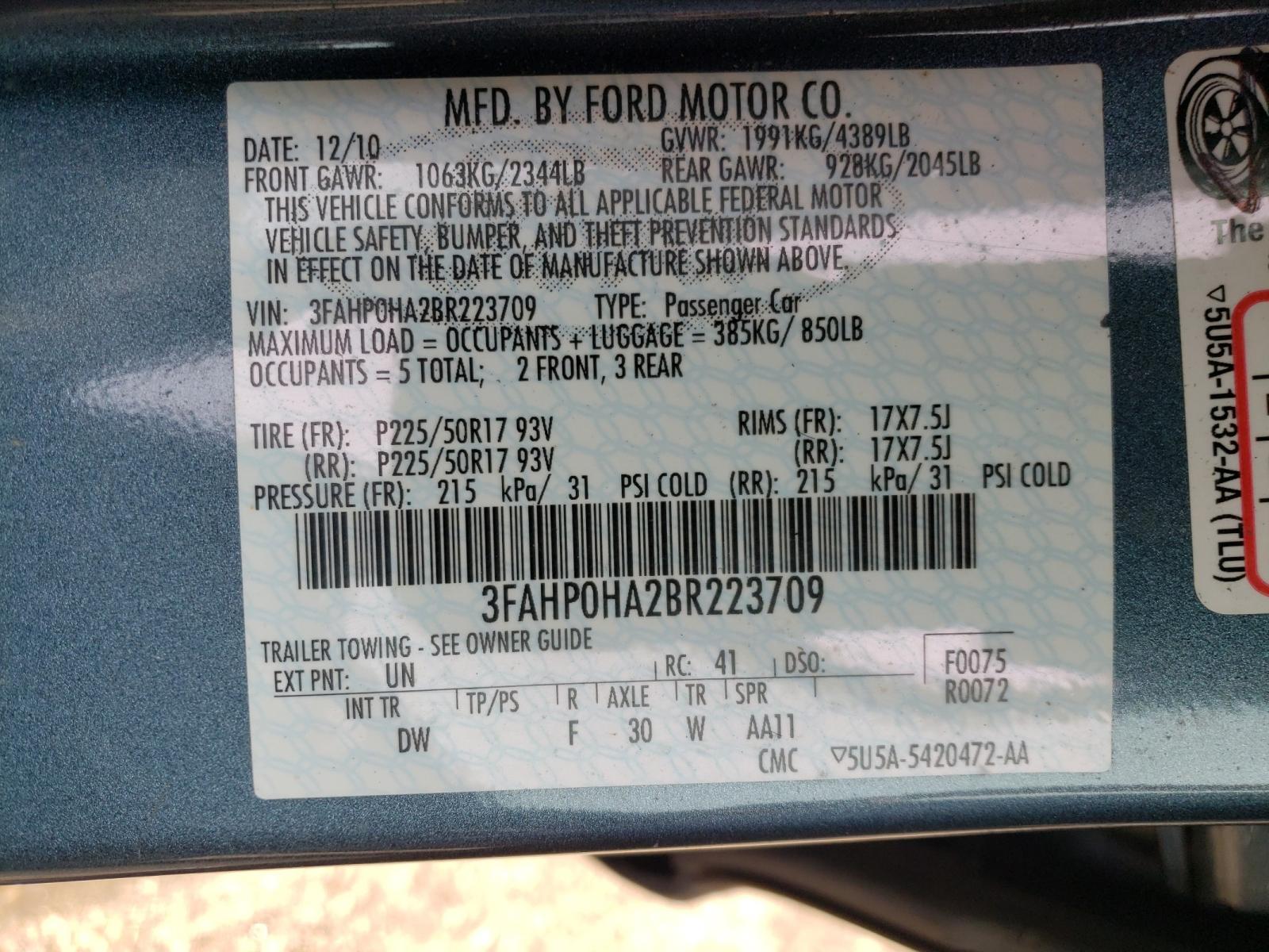 Photo 10 from auction – 2011 FORD FUSION with VIN 3FAHP0HA2BR223709